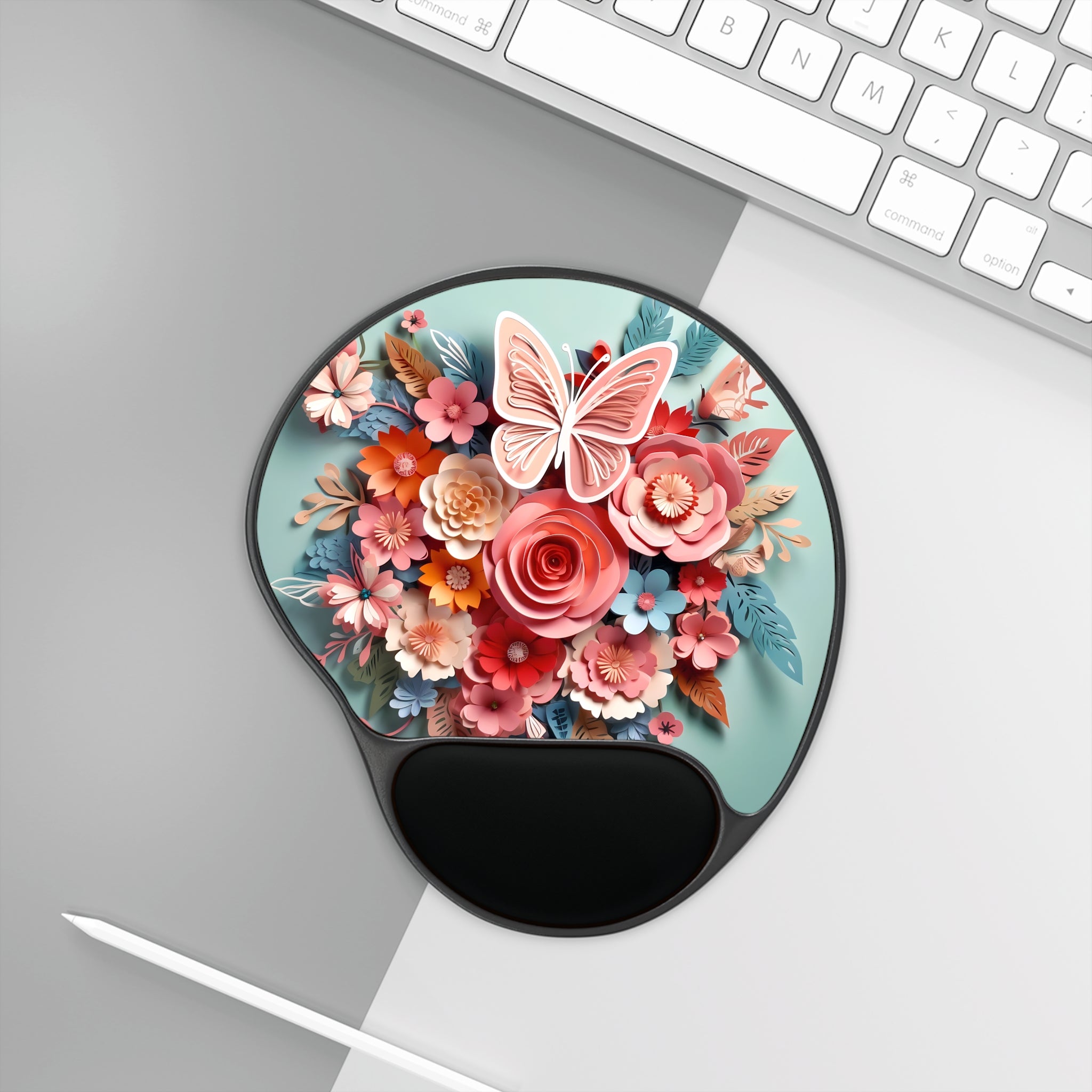 Pink Floral Bouquet Butterfly Mouse Pad with Wrist Rest | Floral Computer Accessory