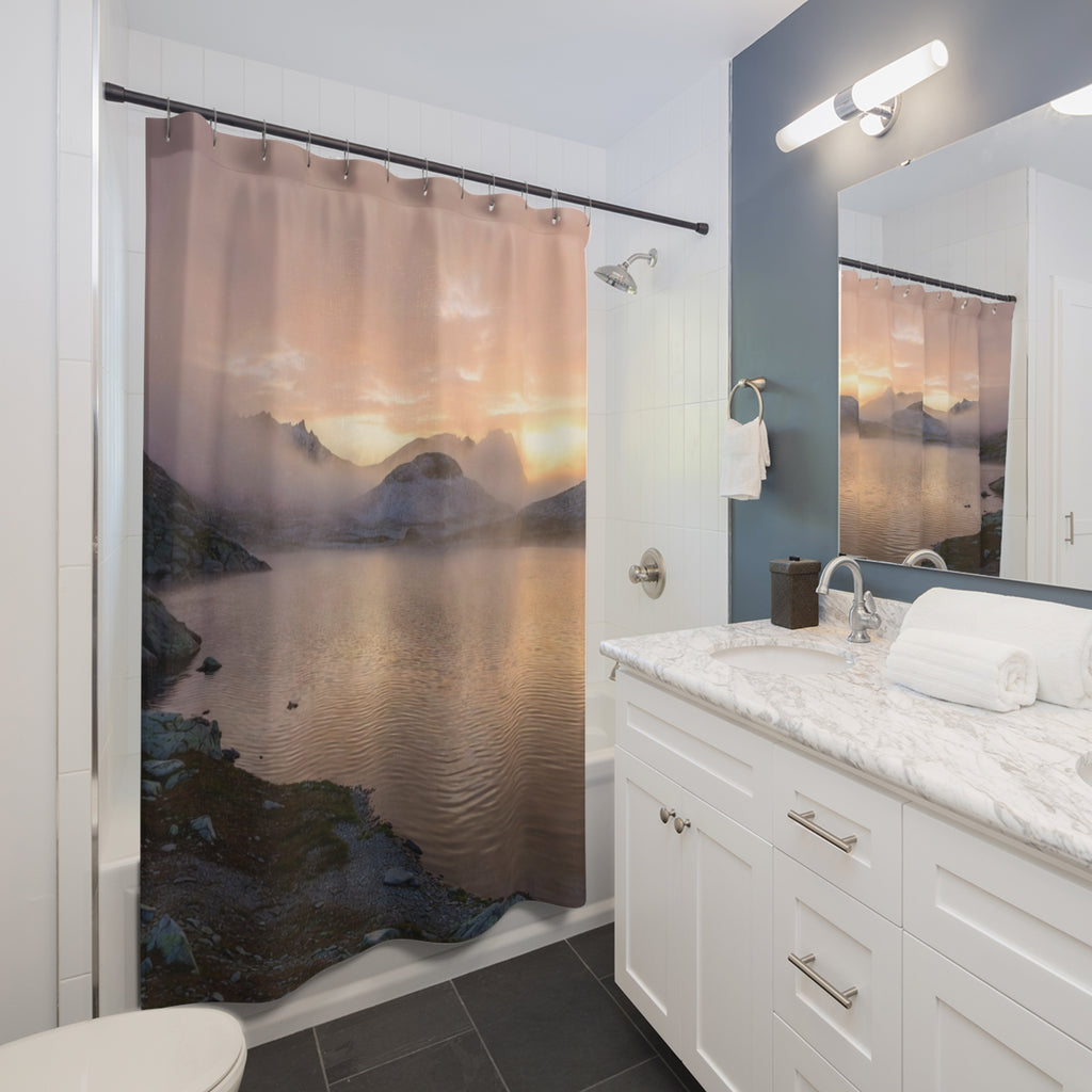 Sunset Mountain Lake Shower Curtain | Misty Landscape Bathroom Decor