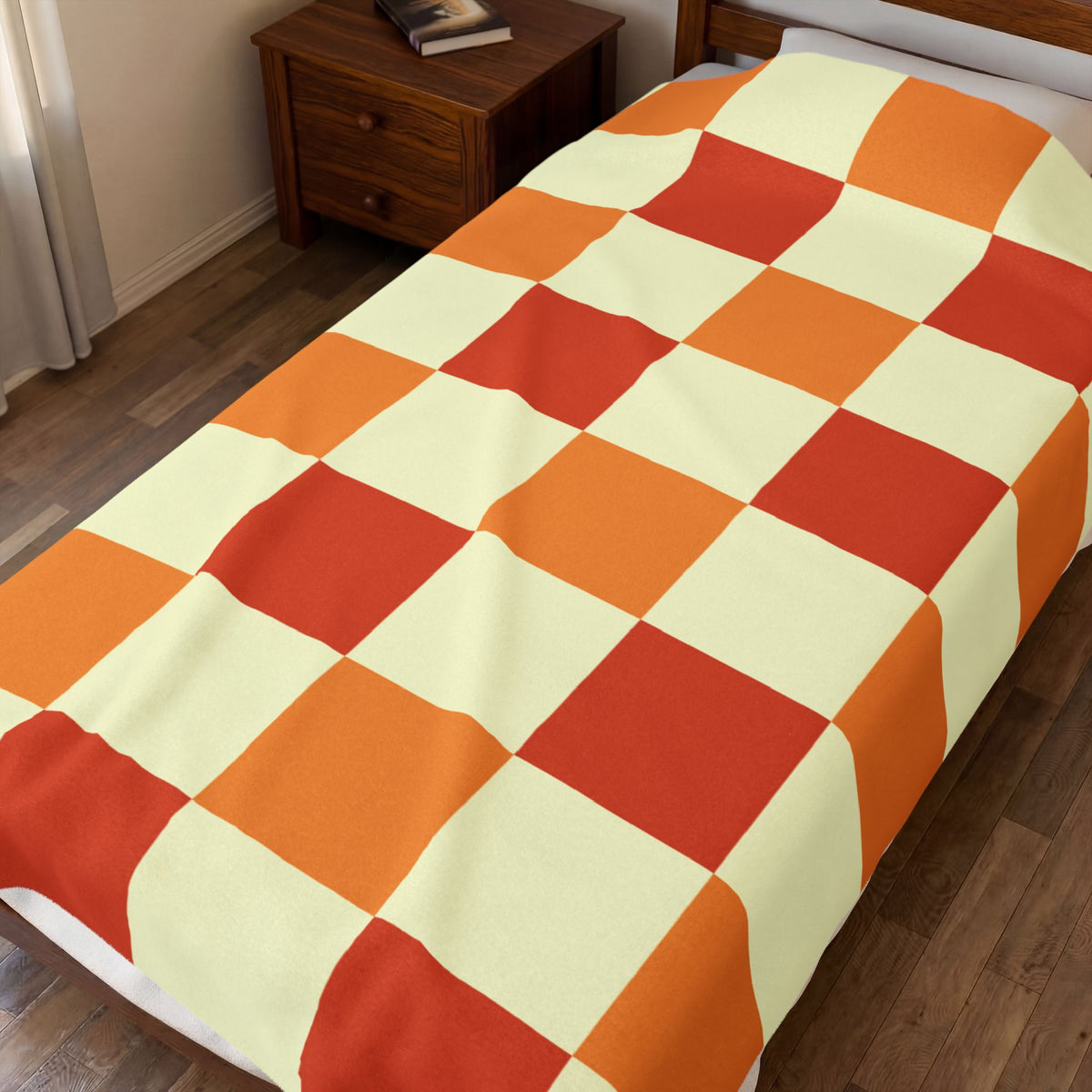 Orange Checkerboard Velveteen Plush Blanket | Retro Plaid Throw