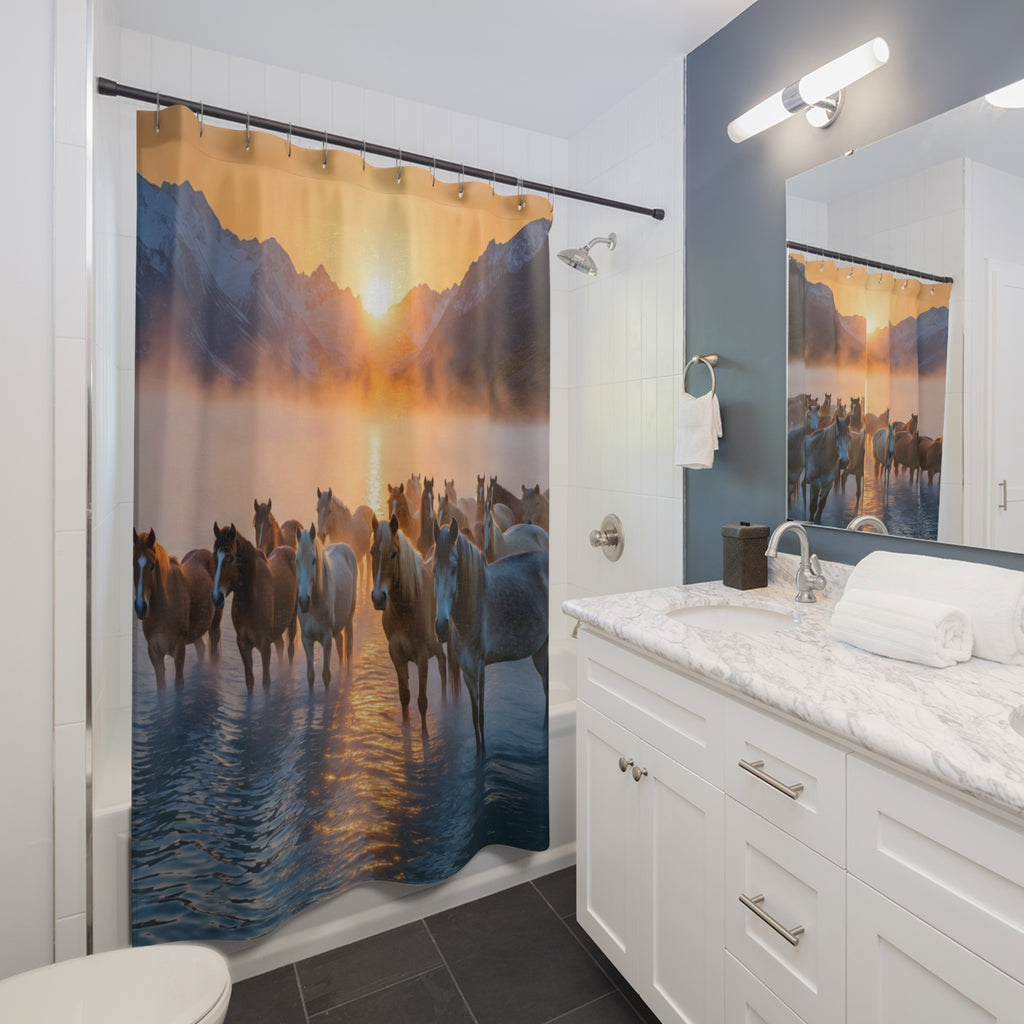 Wild Horses at Sunrise Shower Curtain | Mountain Mist, Lake Scene