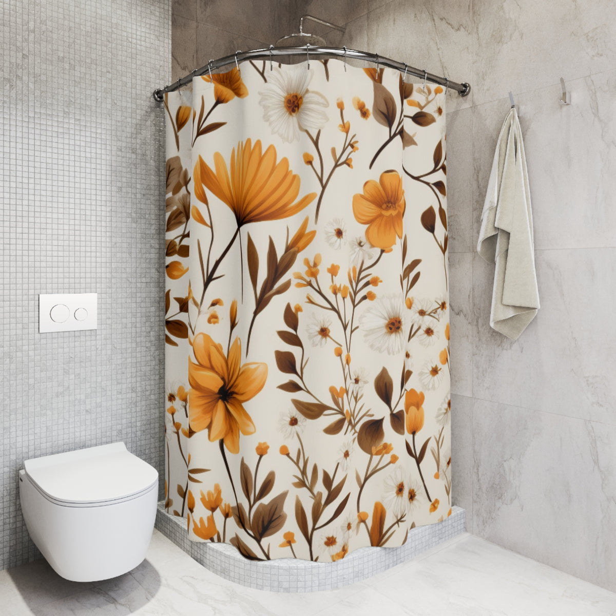 Orange Floral Pattern Shower Curtain | Botanical Bloom Bathroom