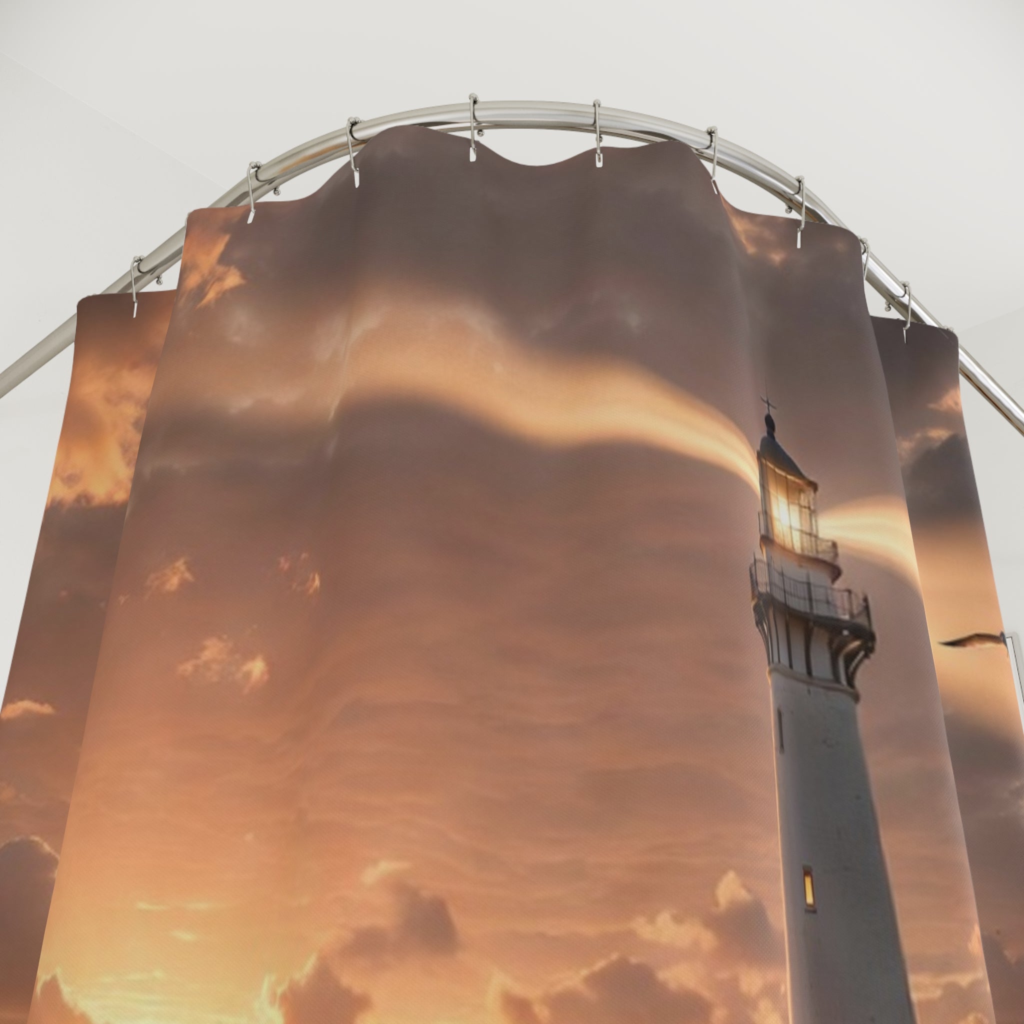 Lighthouse Sunset Shower Curtain | Coastal Ocean Waves Nautical