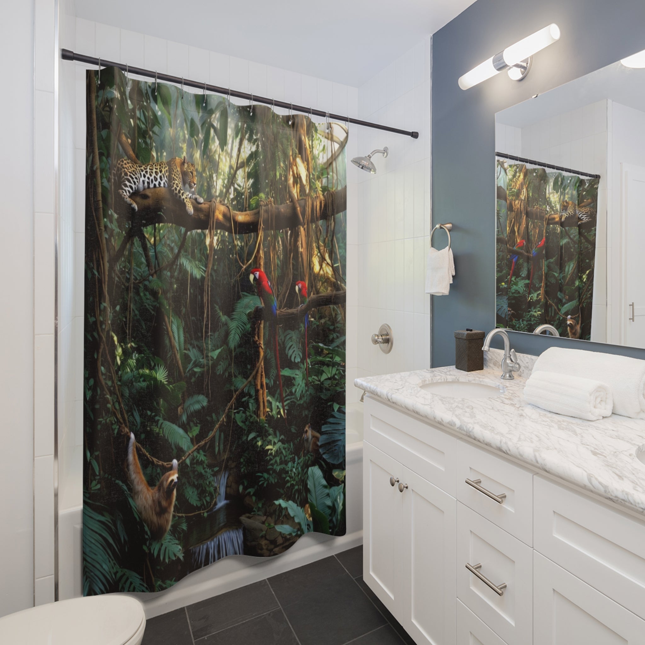 Rainforest Jungle Scene Shower Curtain | Parrots, Leopard, Lush Vines