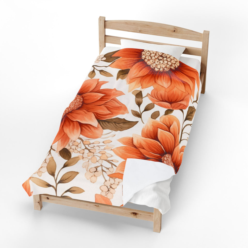 Orange Sunflower Pattern Velveteen Plush Blanket | Floral Fall Throw