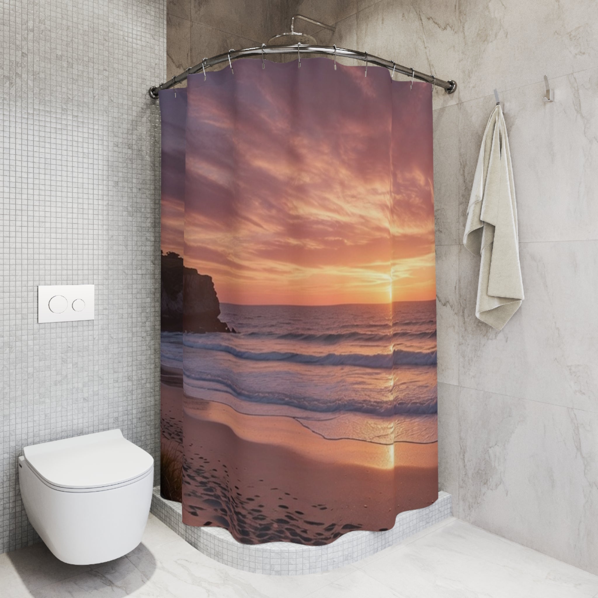 Sunset Beach Waves Shower Curtain | Coastal Ocean Sunset Bathroom Décor