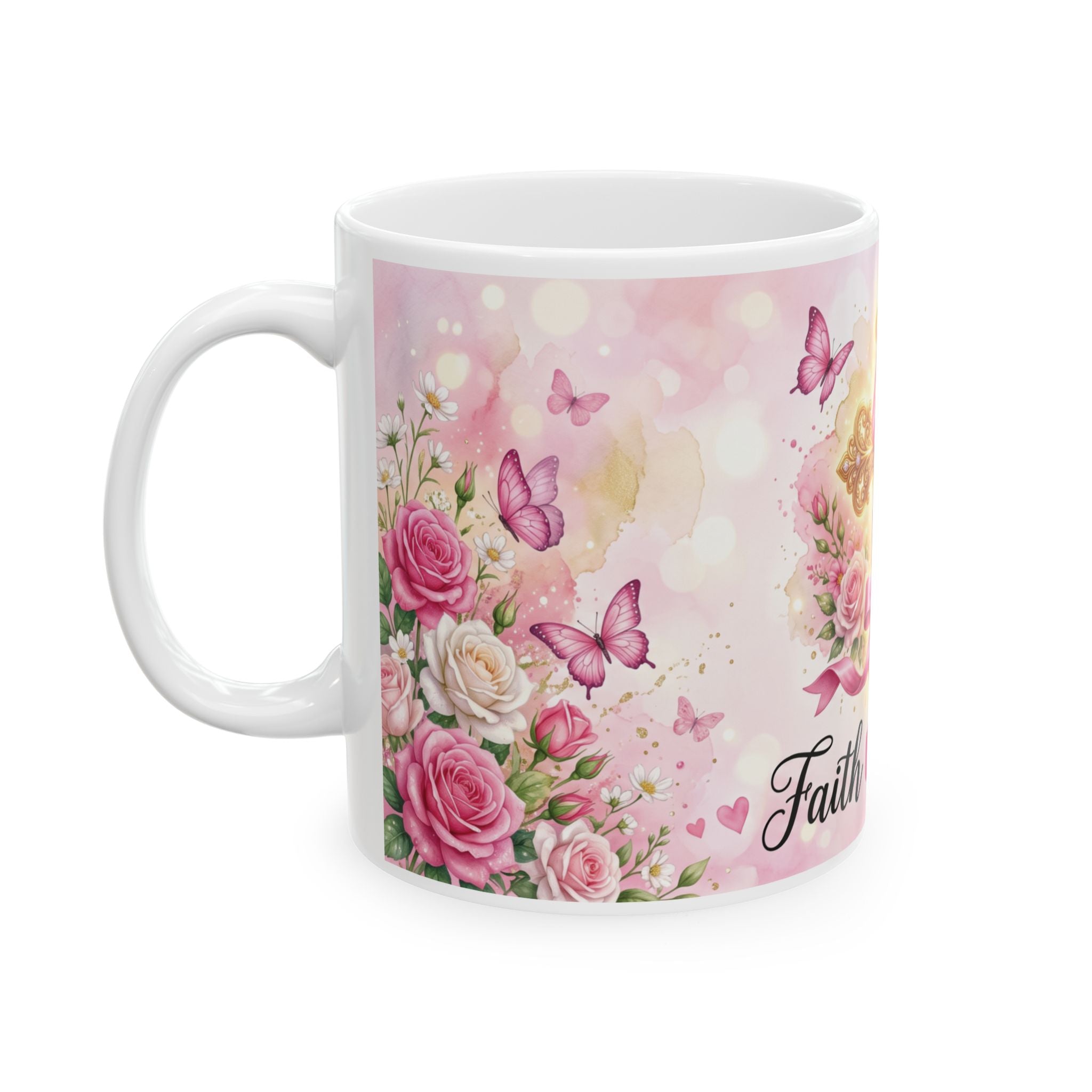 Faith Over Fear cross ribbon floral mug | Ceramic Coffee Mug