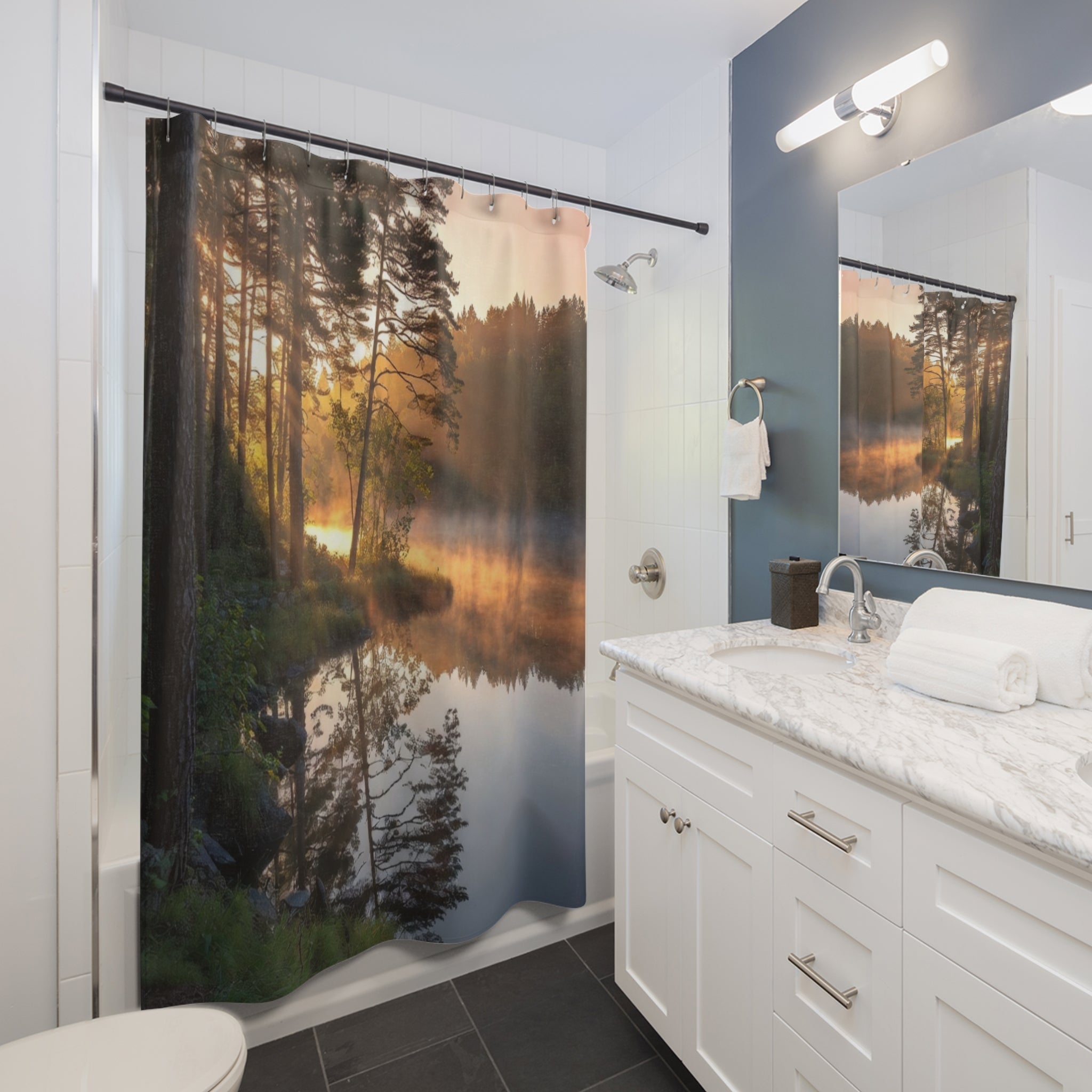 Misty Forest Sunrise Shower Curtain | Lake Reflection, Woodland Landscape