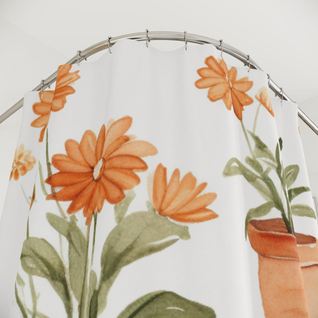Orange Potted Daisies Shower Curtain | Botanical Floral Bathroom Decor