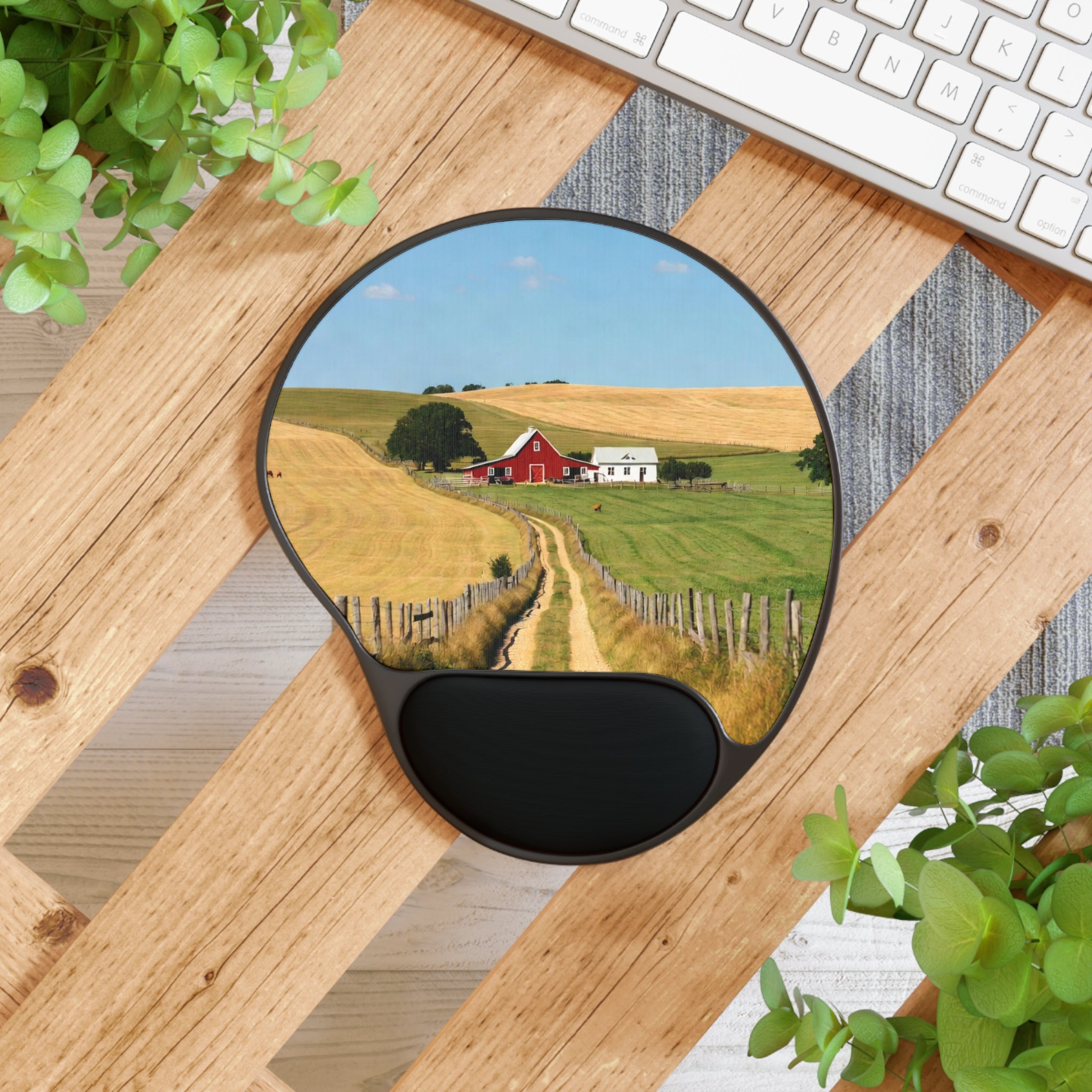 Country Farm Landscape Mouse Pad with Wrist Rest | Red Barn Field Scene
