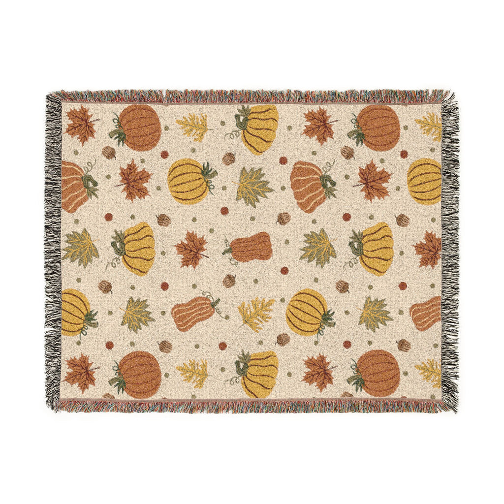 Autumn Pumpkins and Leaves Woven Blanket | Fall Throw