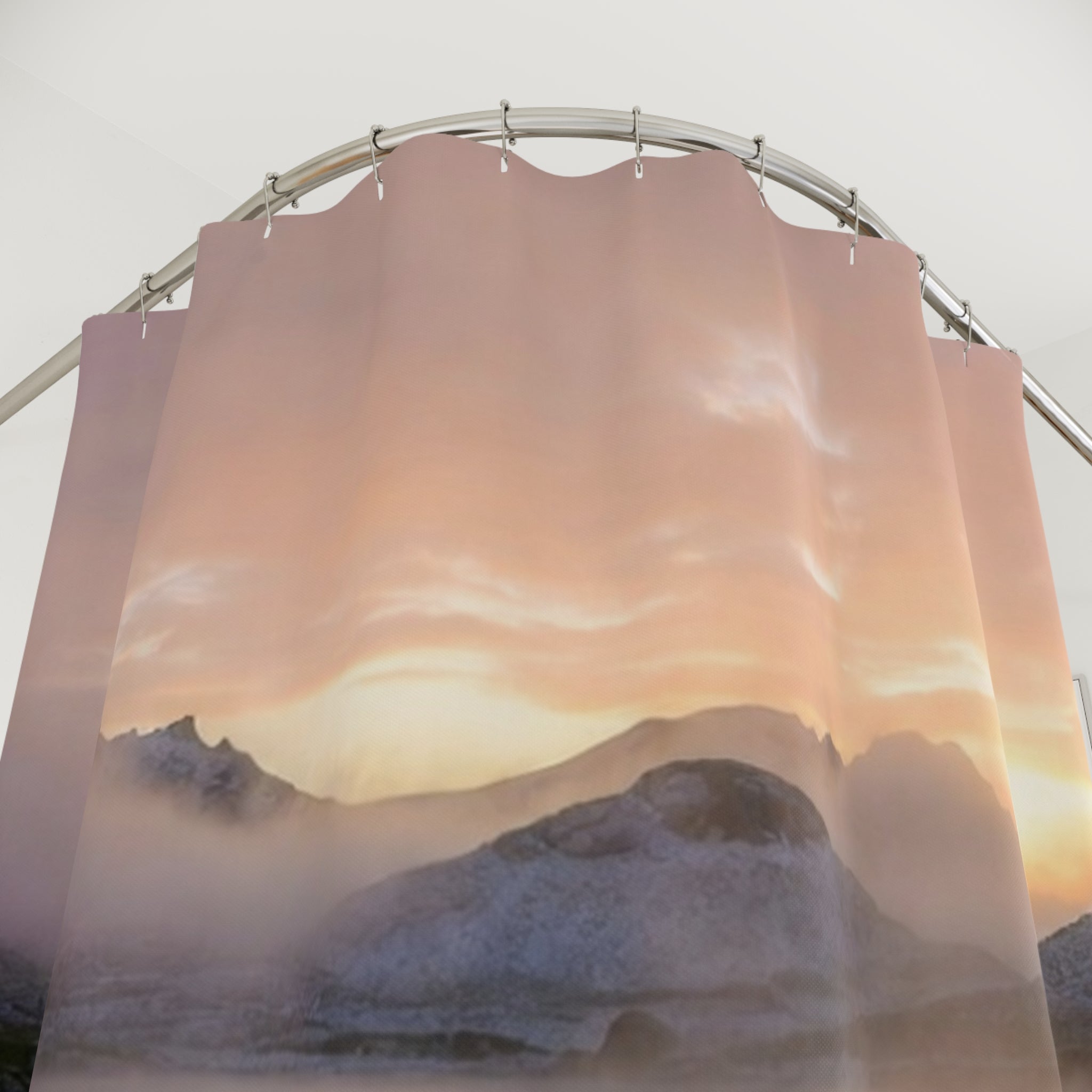 Sunset Mountain Lake Shower Curtain | Misty Landscape Bathroom Decor