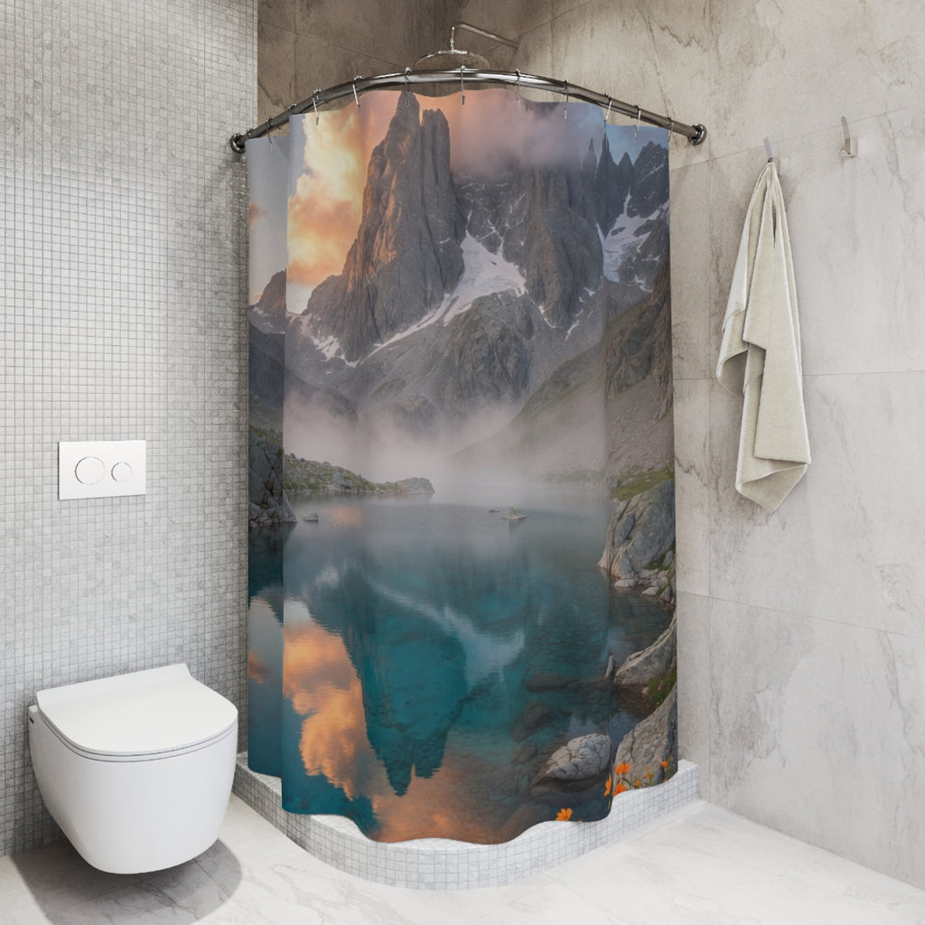 Misty Mountain Lake Shower Curtain | Scenic Alpine Landscape