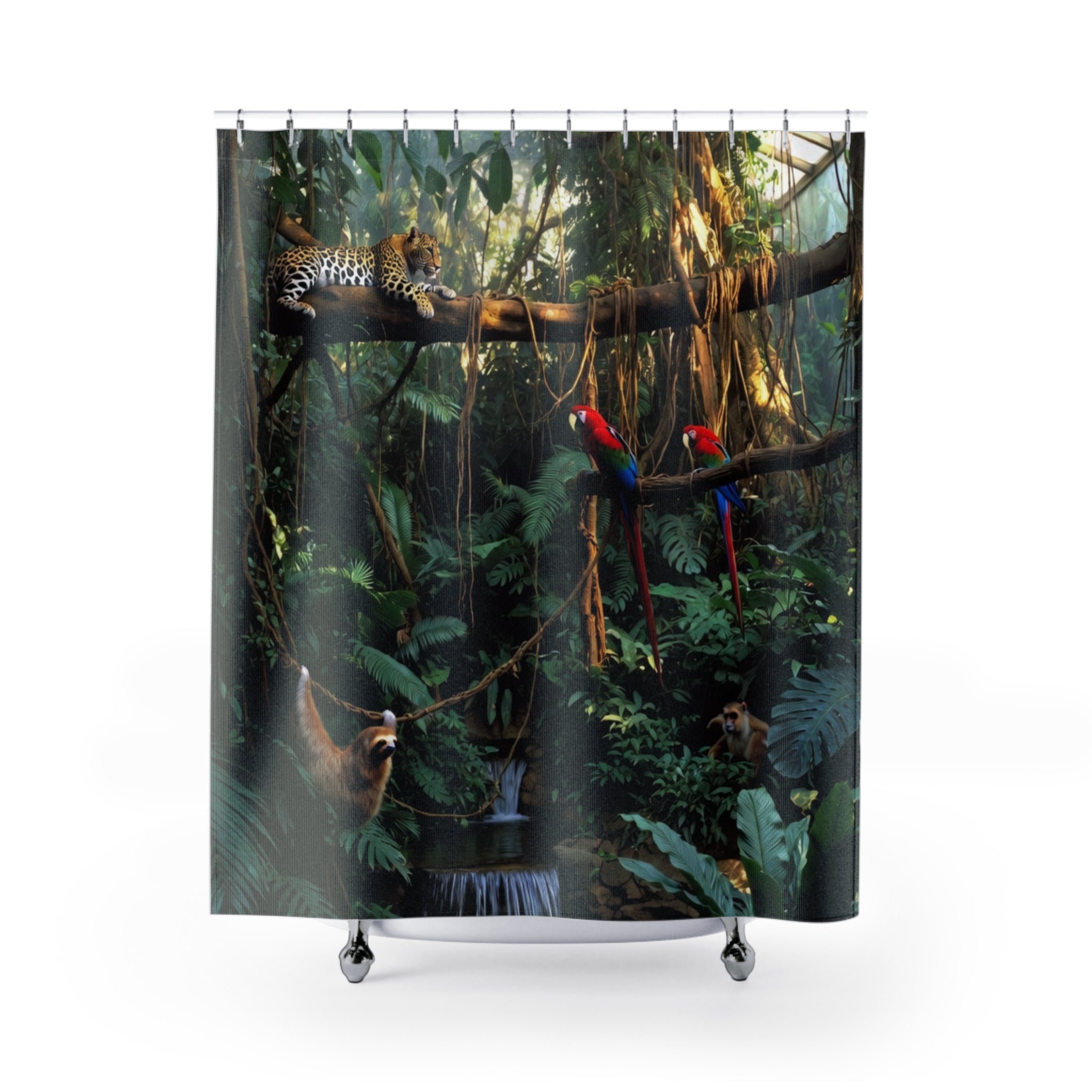 Rainforest Jungle Scene Shower Curtain | Parrots, Leopard, Lush Vines