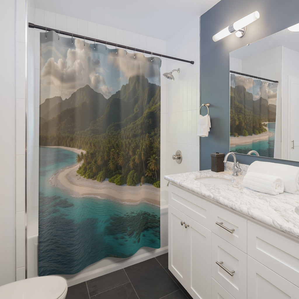 Tropical Island Beach Shower Curtain | Mountain Coast Scenic Ocean