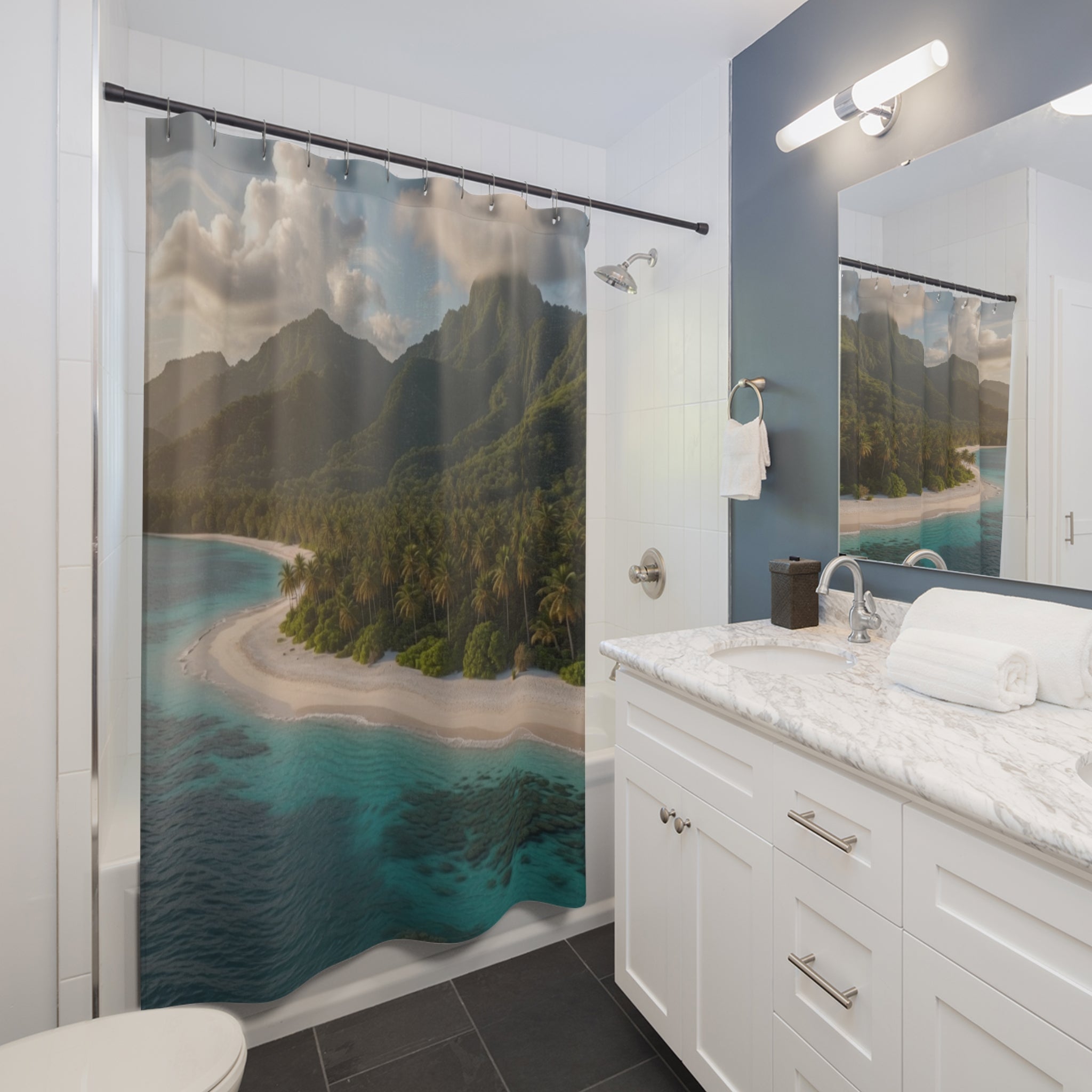 Tropical Island Beach Shower Curtain | Mountain Coast Scenic Ocean