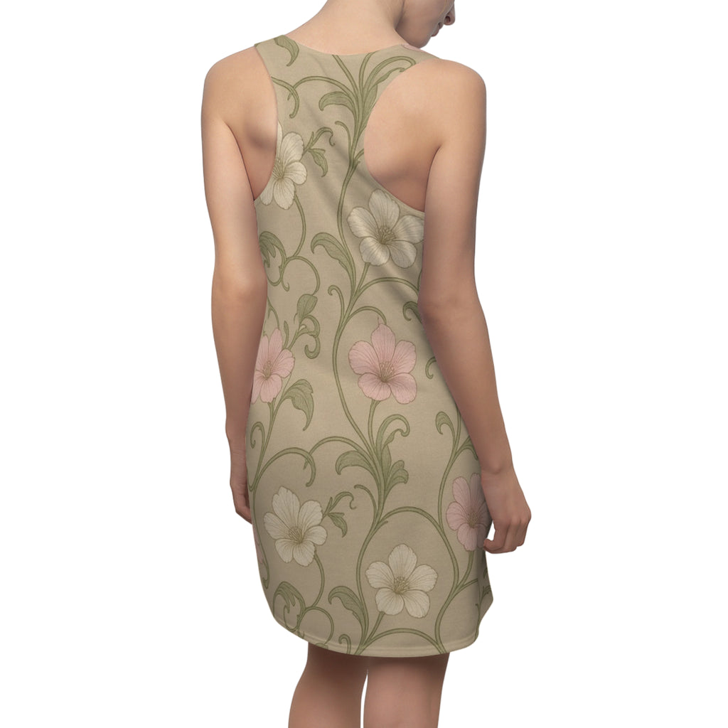Vintage Floral Vine Racerback Dress | Beige Pink Flower Pattern