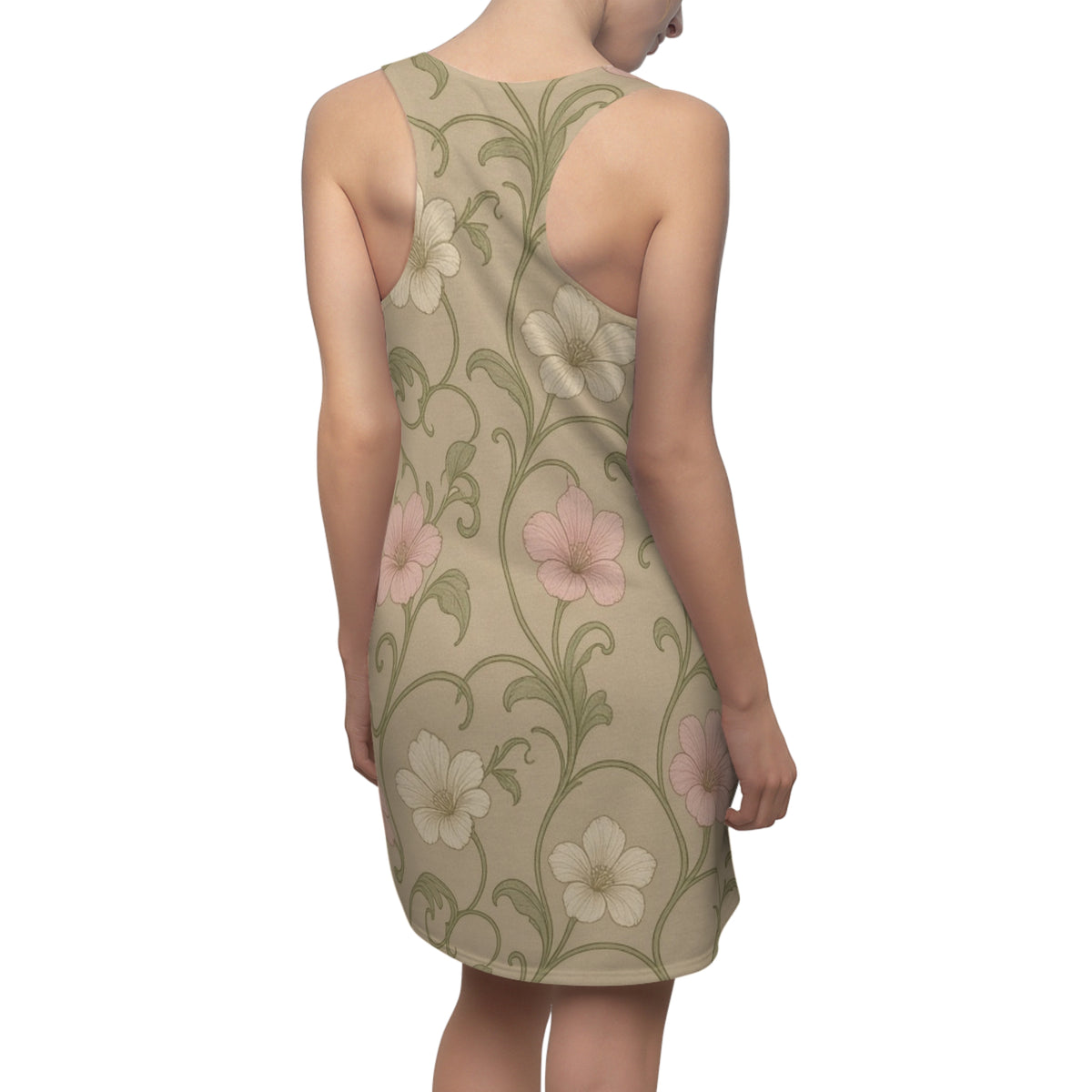 Vintage Floral Vine Racerback Dress | Beige Pink Flower Pattern