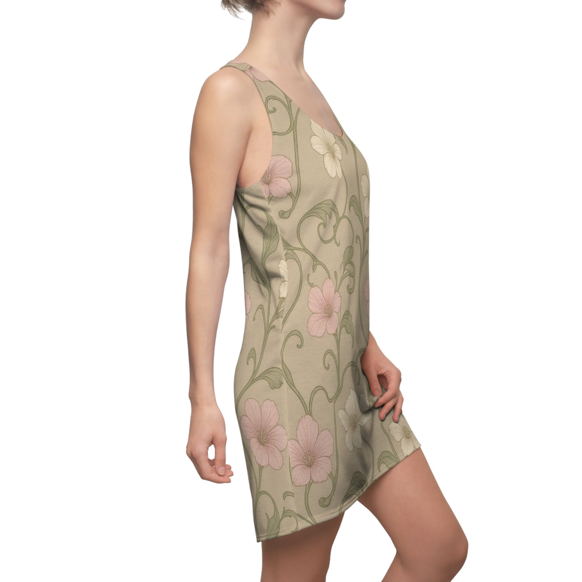 Vintage Floral Vine Racerback Dress | Beige Pink Flower Pattern