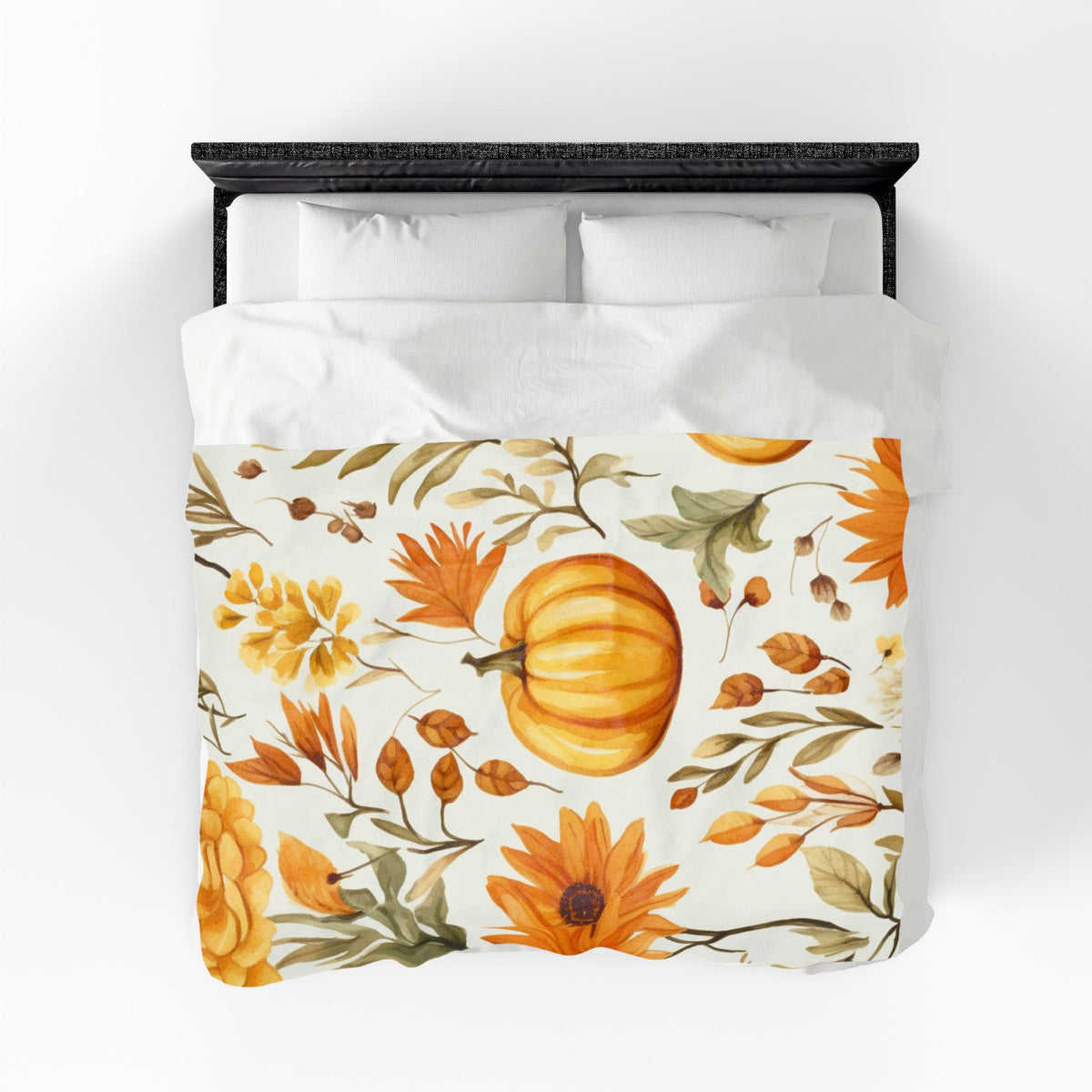 Autumn Pumpkin Floral Velveteen Plush Blanket | Fall Leaves Sunflowers