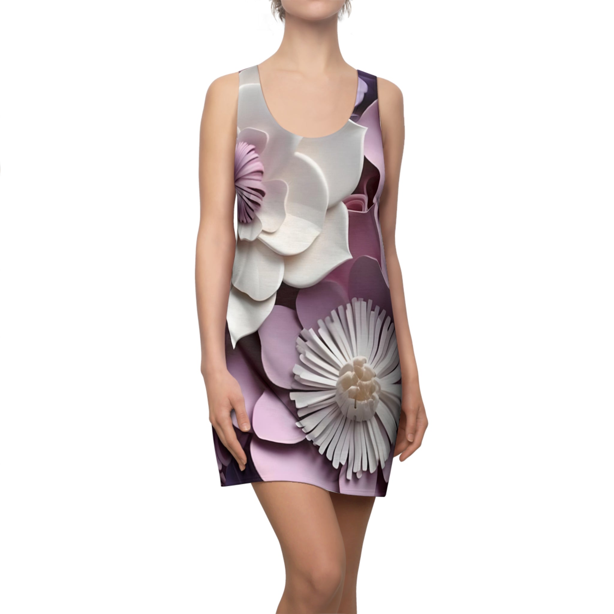 Purple Flower Floral Racerback Dress | Pink White 3D Bloom Print