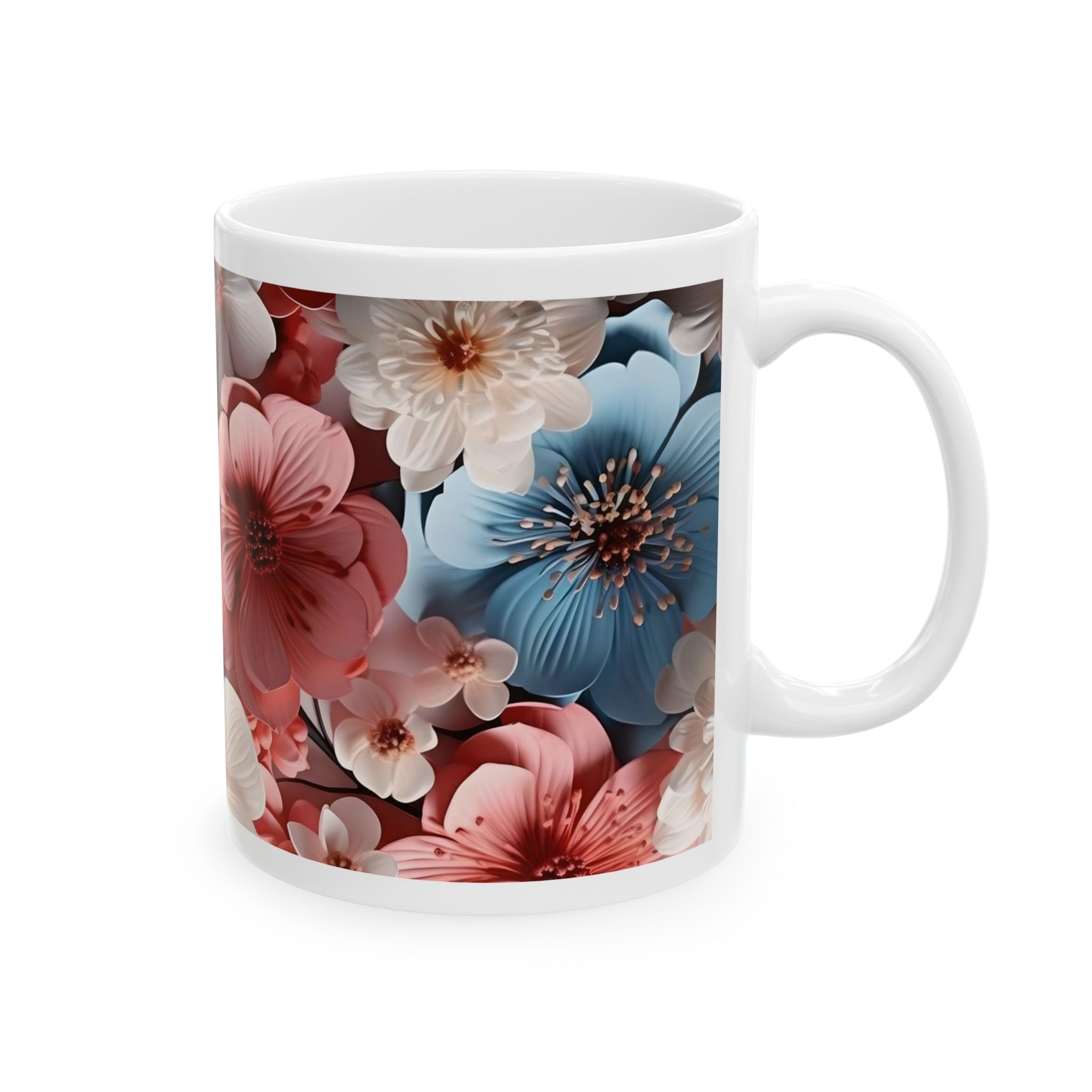 Floral Ceramic Mug – Blue & Coral 3D Blossom Coffee Cup (11oz/15oz)
