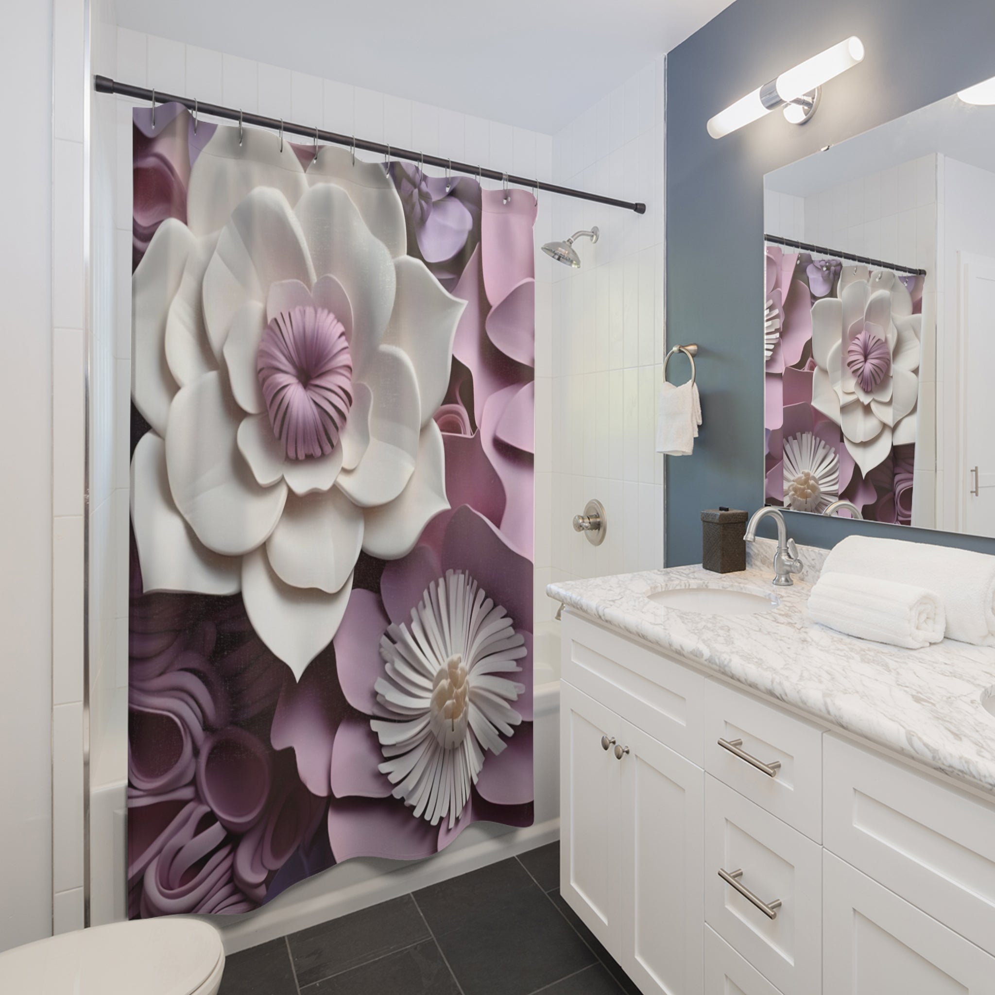 3D Paper Flowers Shower Curtain | Pink White Floral Bathroom Decor