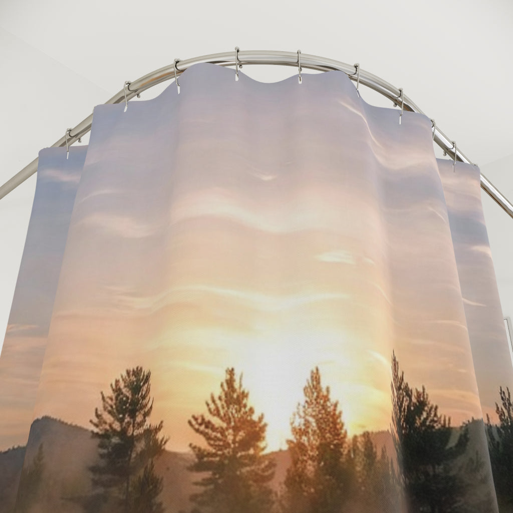 Misty Sunrise Lake Shower Curtain | Mountain Trees Reflection