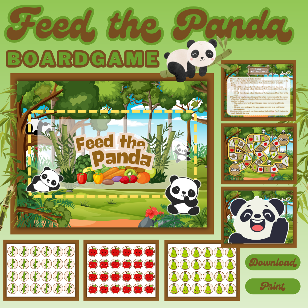 Feed the Panda Printable Board Game | Kids Panda Dice Game PDF | Fun Family Fruit & Bamboo Collecting Game | Instant Download for Ages 4+