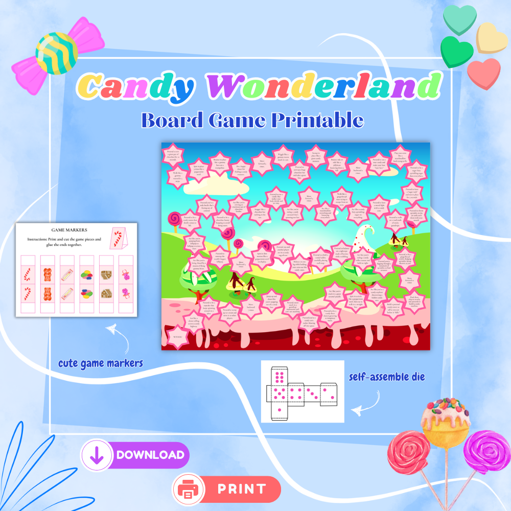 Candy Wonderland Board Game Printable | Fun Active Family Game | Candy Theme Charades & Challenges | Kids Party Game | Instant Download