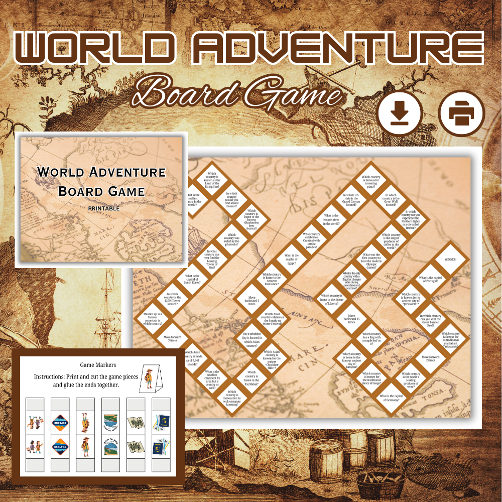 World Adventure Board Game Printable | Educational World Geography Trivia | Family Quiz Game PDF | Instant Download Homeschool Activity