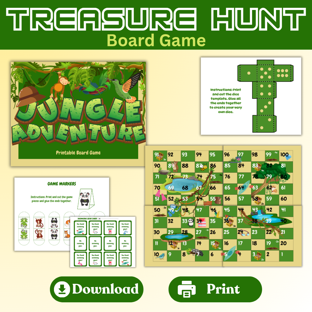 Treasure Hunt Board Game Printable | Jungle Adventure Board Game | 100 Space Kids Treasure Hunt PDF | Instant Download Ages 5+