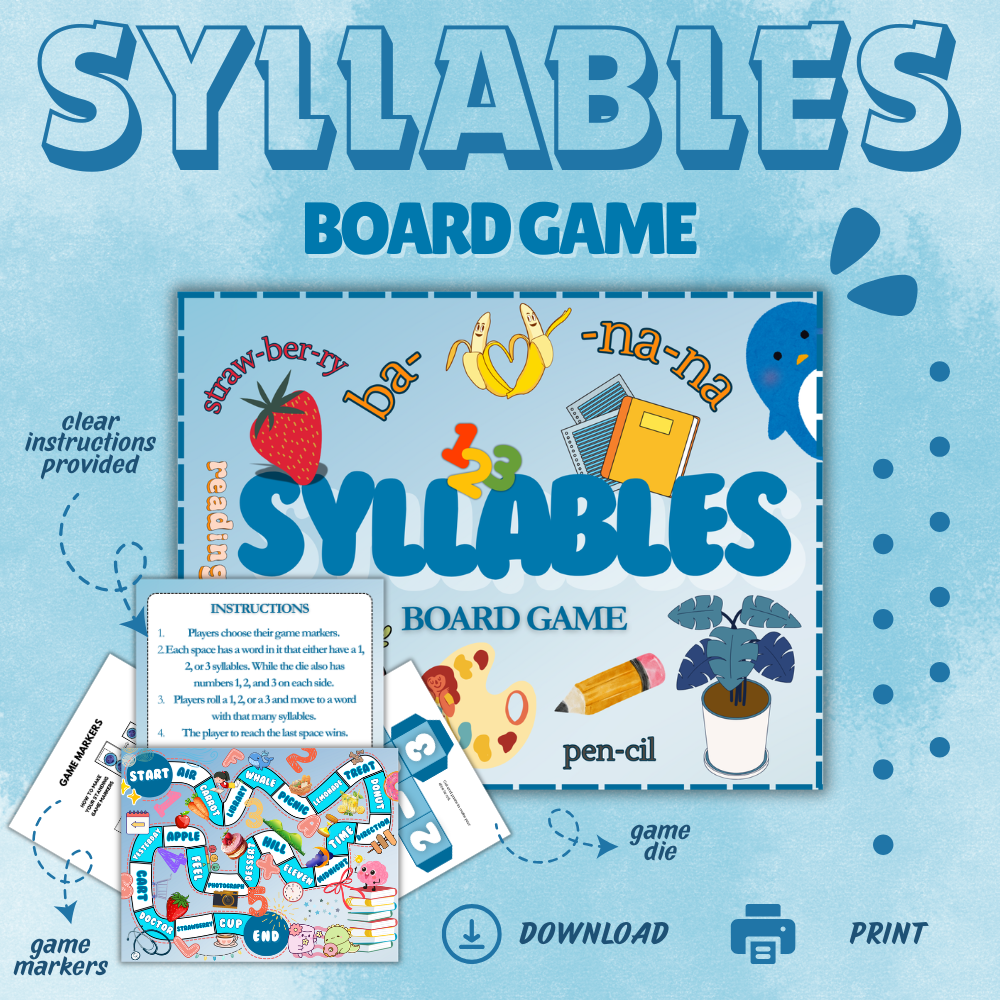 Syllables Board Game Printable | Fun Syllable Counting Game for Kids | Educational Reading Activity PDF | Instant Download Ages 5+