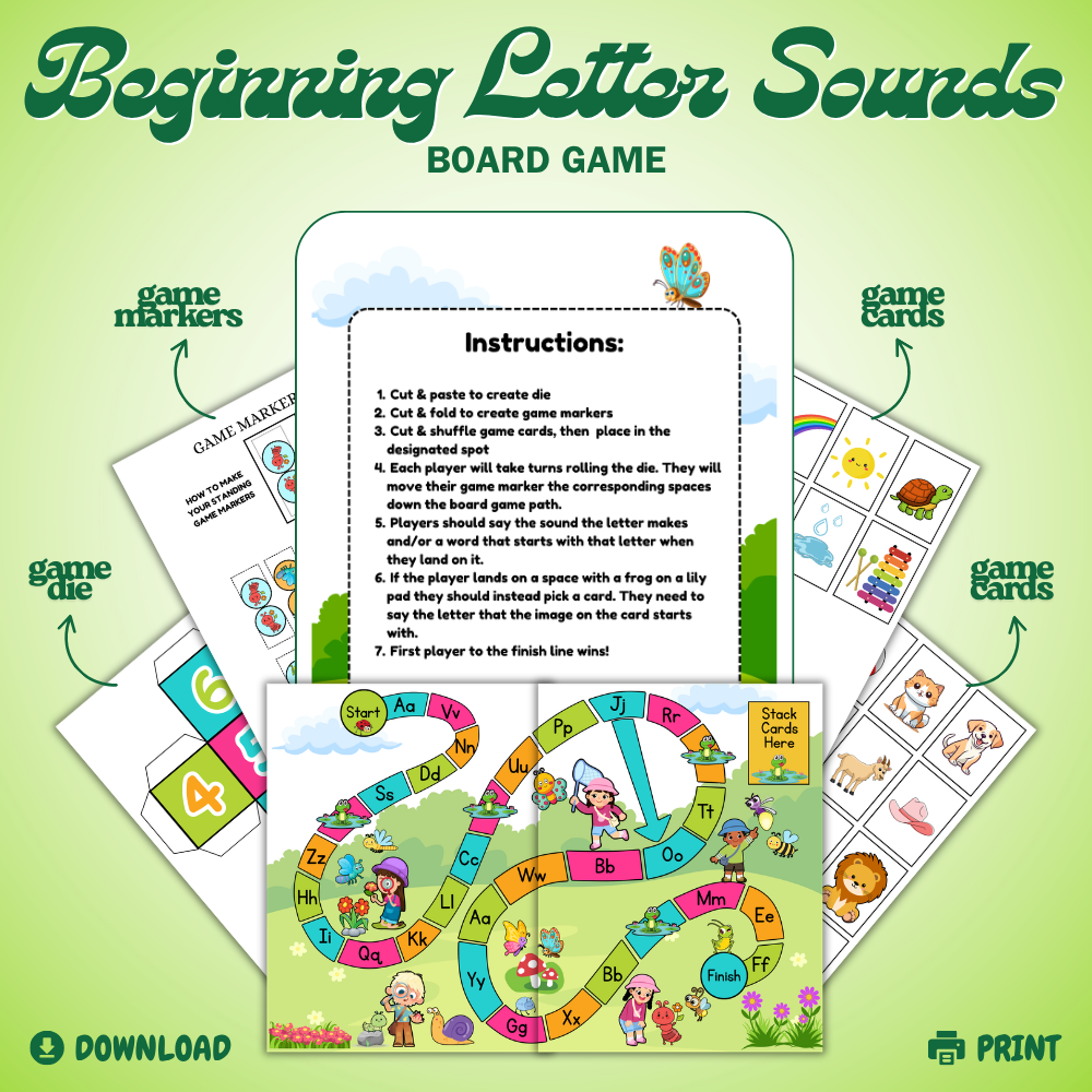 Beginning Letter Sounds Board Game Printable | Phonics Game for Kids | Alphabet Letter Recognition Activity