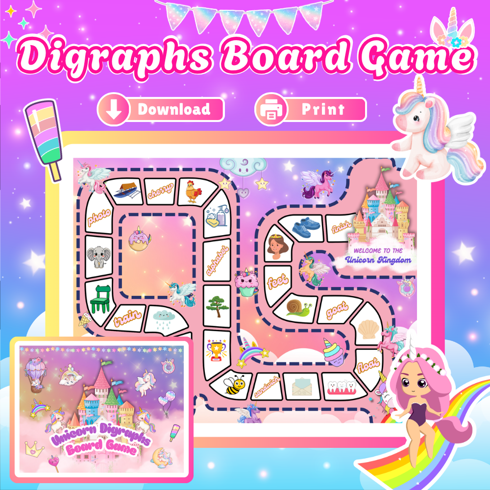 Unicorn Digraphs Board Game Printable | Fun Phonics Game for Kids | Instant Download Ages 5+