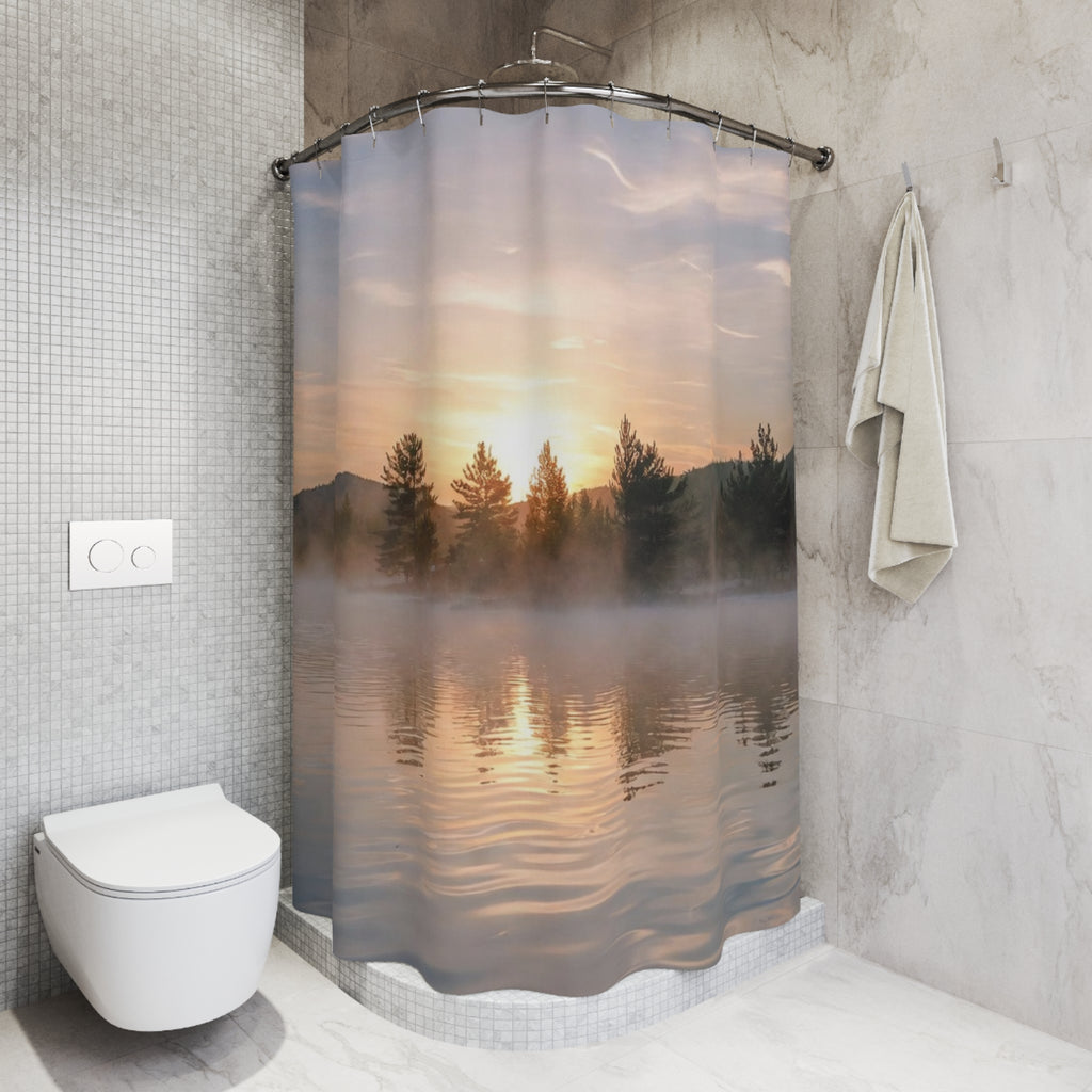 Misty Sunrise Lake Shower Curtain | Mountain Trees Reflection