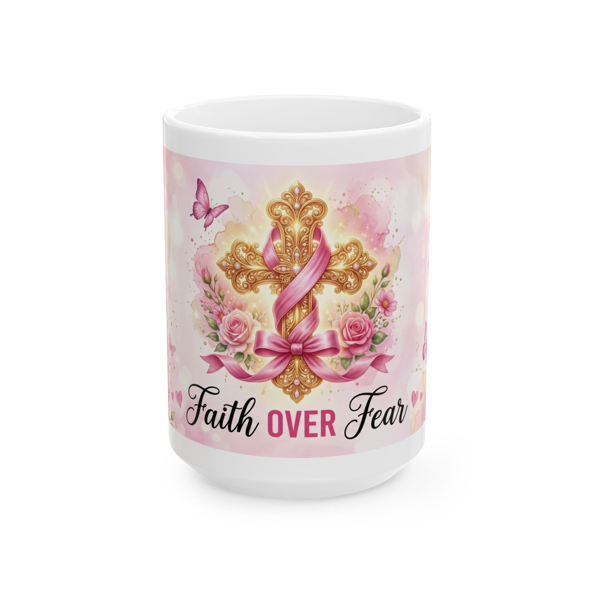 Faith Over Fear cross ribbon floral mug | Ceramic Coffee Mug