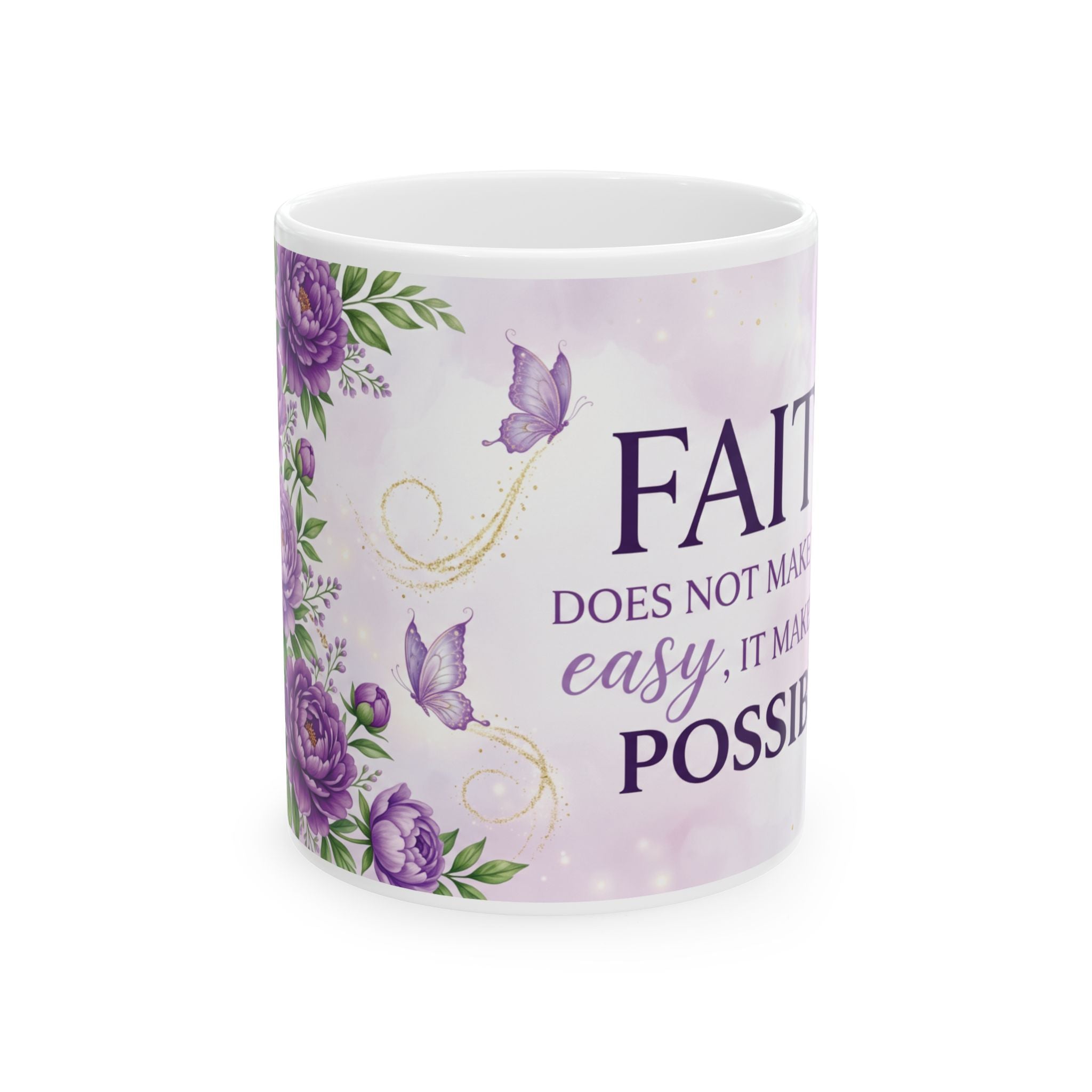 Faith Inspirational Quote Mug | Purple Floral Butterfly Ceramic Mug