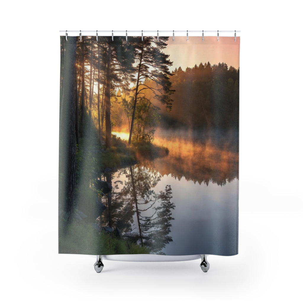 Misty Forest Sunrise Shower Curtain | Lake Reflection, Woodland Landscape