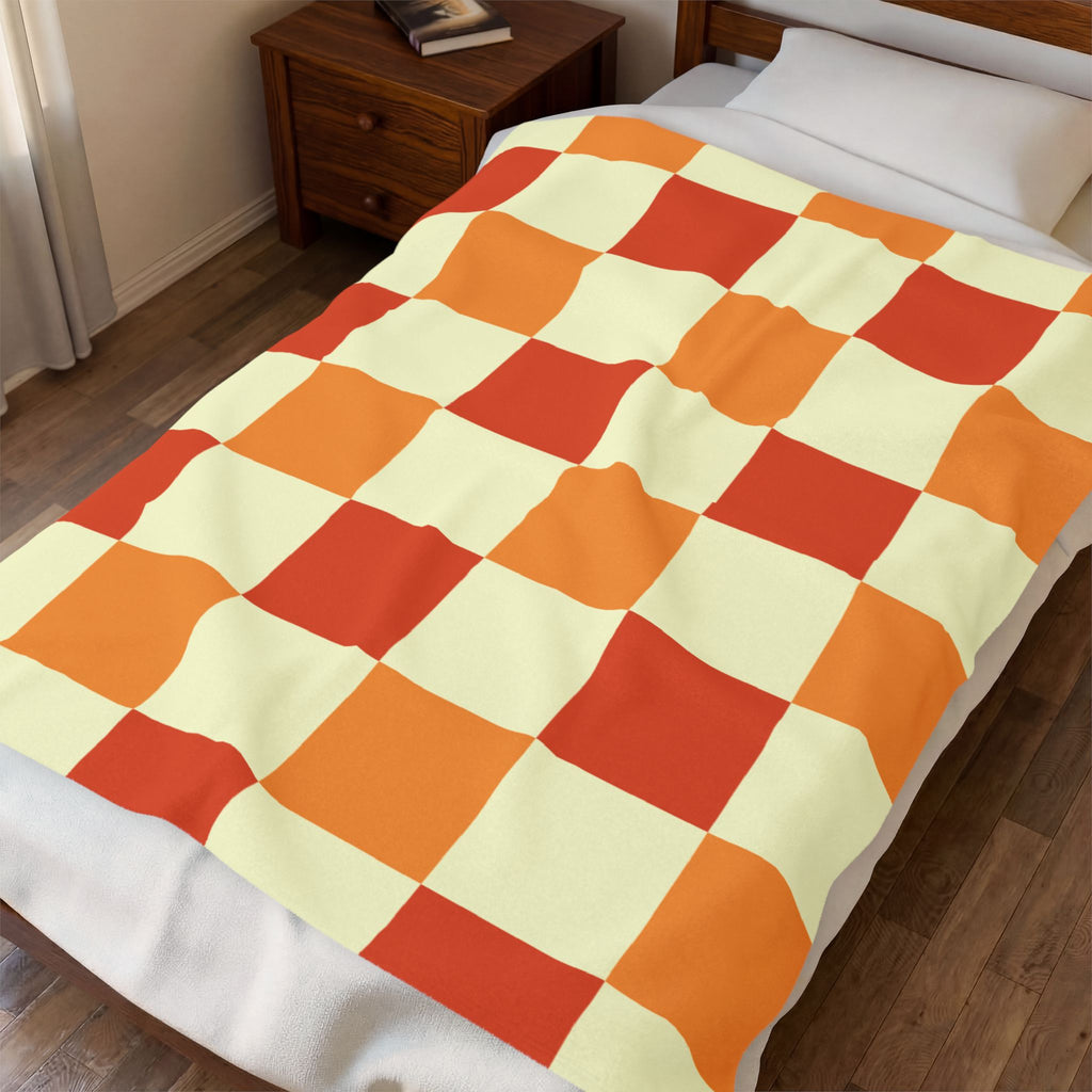 Orange Checkerboard Velveteen Plush Blanket | Retro Plaid Throw