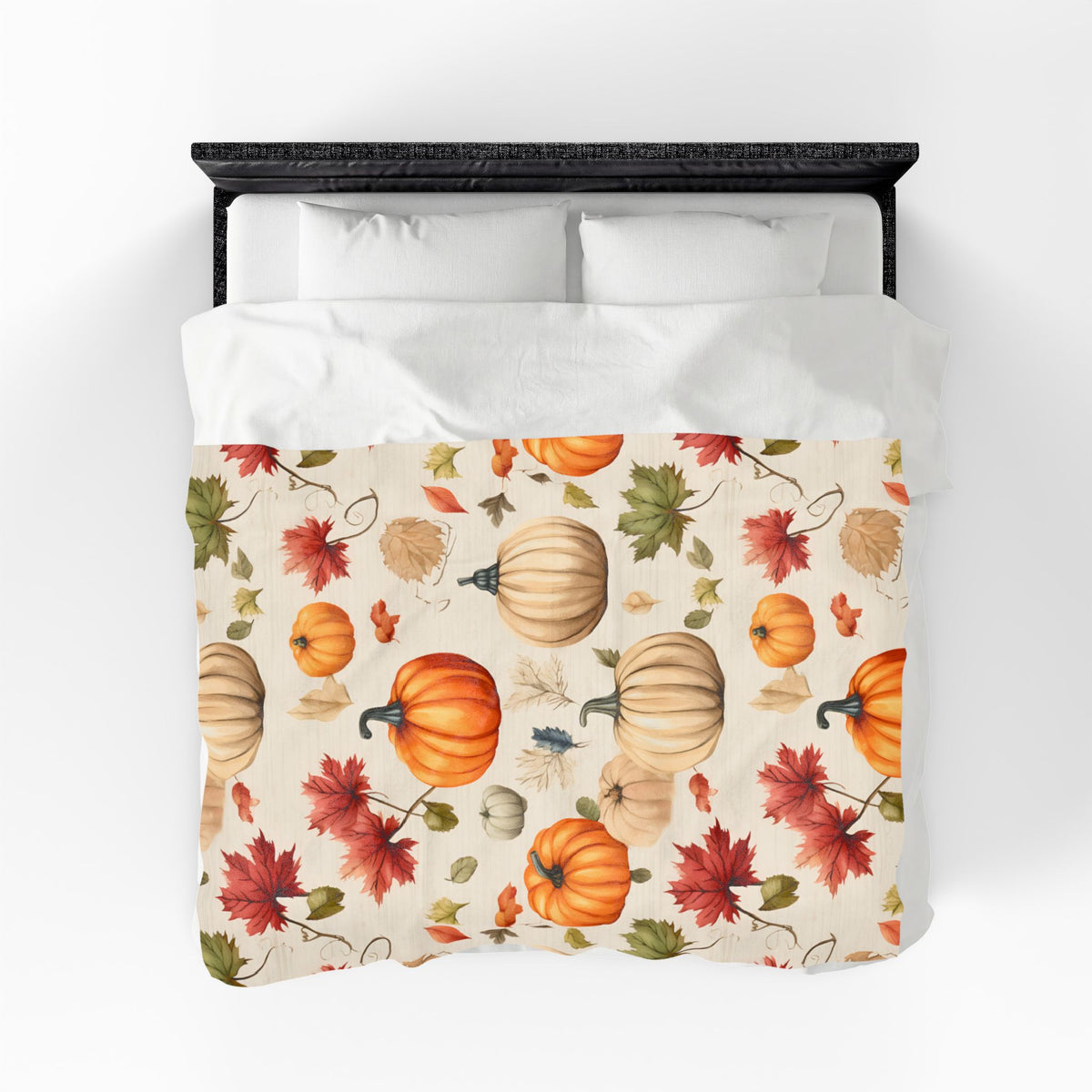 Autumn Pumpkins and Maple Leaves Velveteen Plush Blanket | Fall Harvest Throw