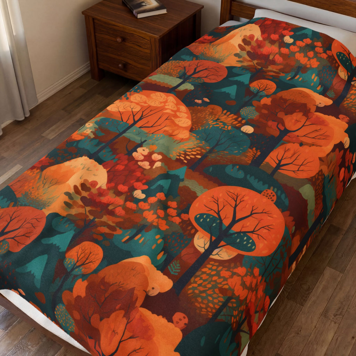 Autumn Forest Pattern Velveteen Plush Blanket | Fall Trees, Orange Teal Woodland