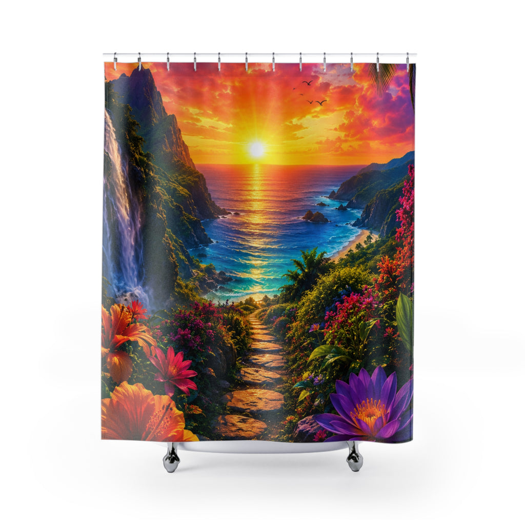 Tropical Sunset Beach Path Shower Curtain | Ocean Sunrise Landscape