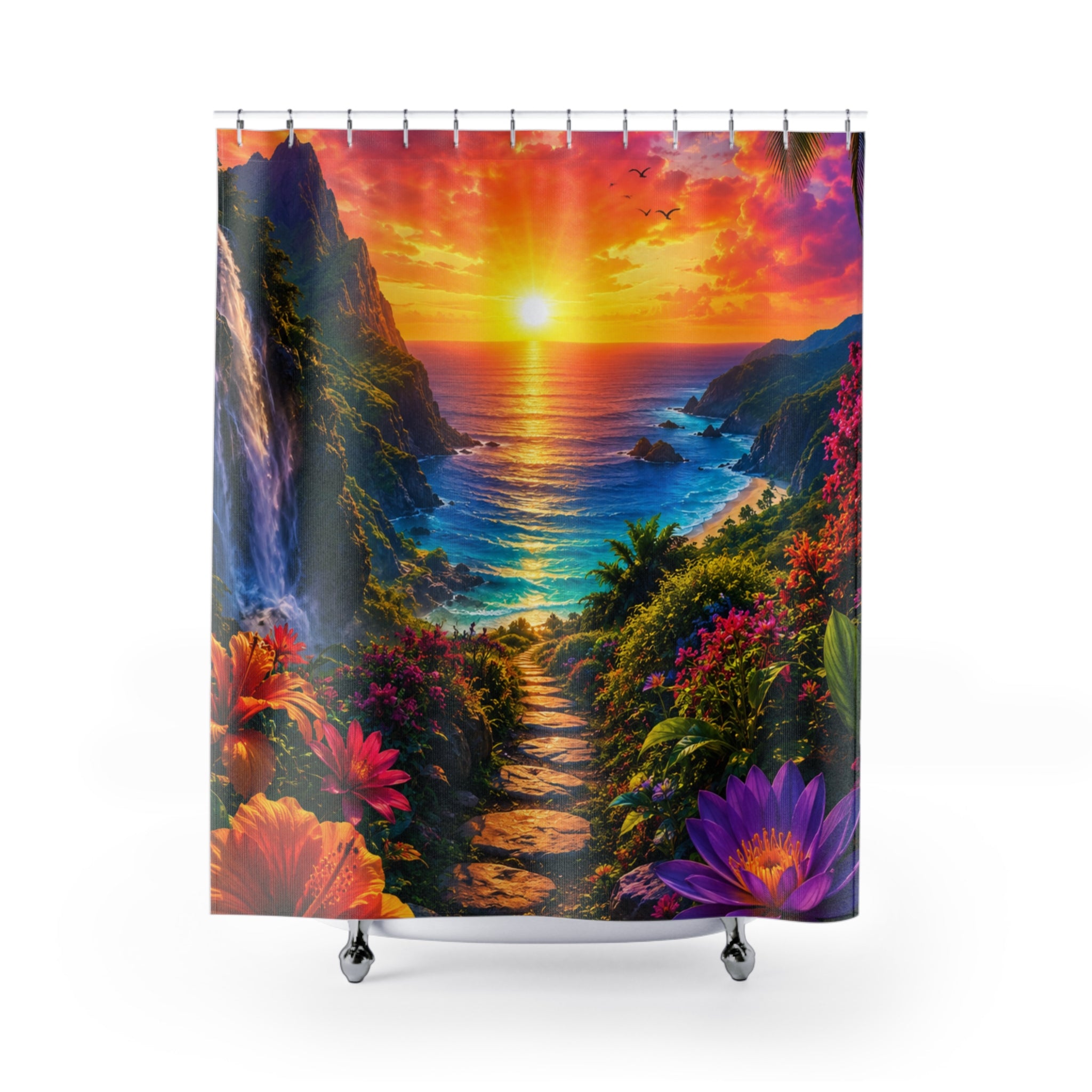 Tropical Sunset Beach Path Shower Curtain | Ocean Sunrise Landscape