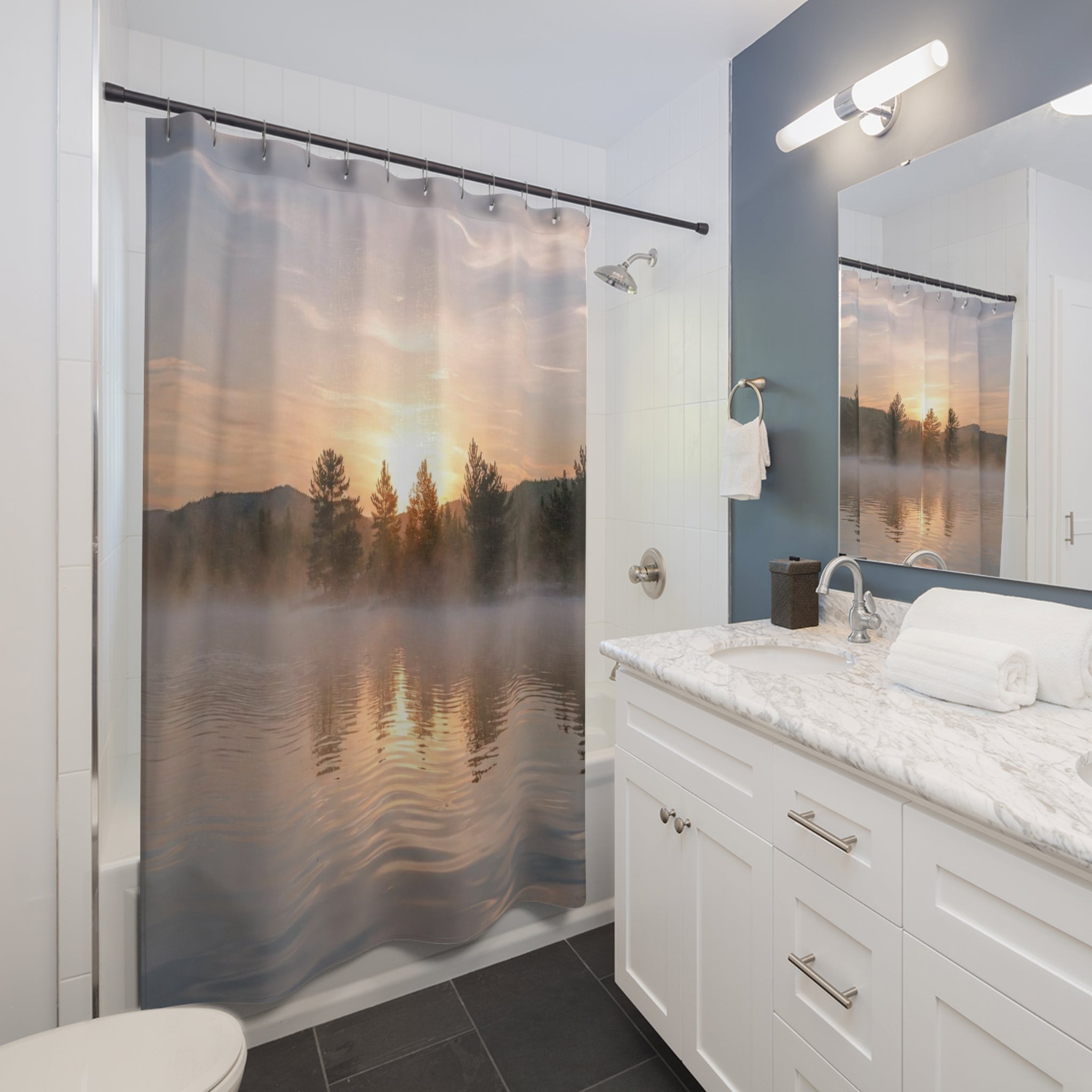 Misty Sunrise Lake Shower Curtain | Mountain Trees Reflection