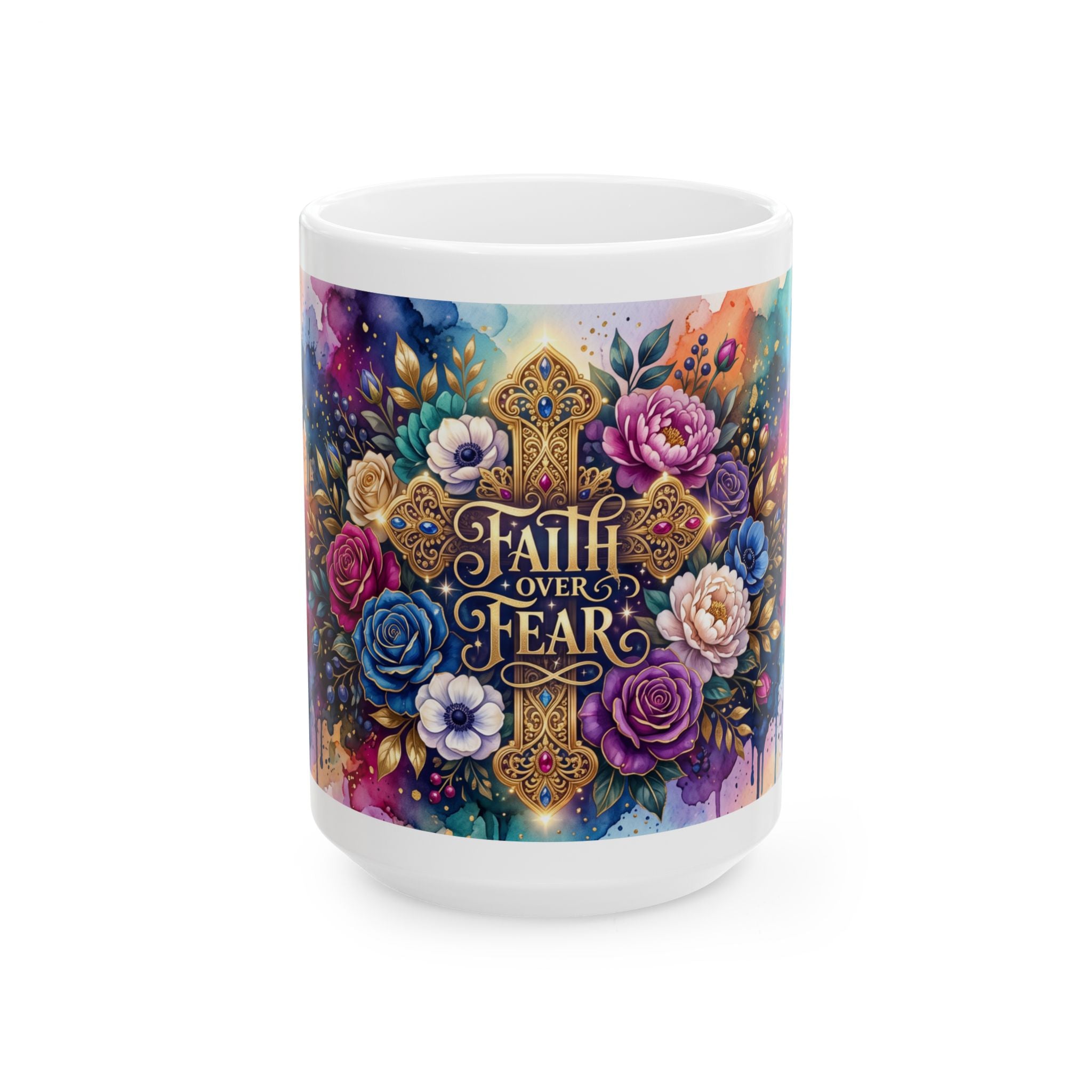 Faith Over Fear cross floral design Mug | Christian inspirational ceramic mug