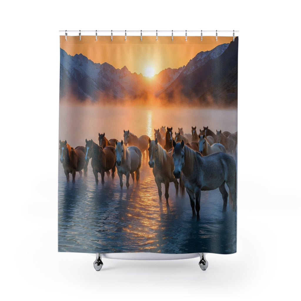 Wild Horses at Sunrise Shower Curtain | Mountain Mist, Lake Scene