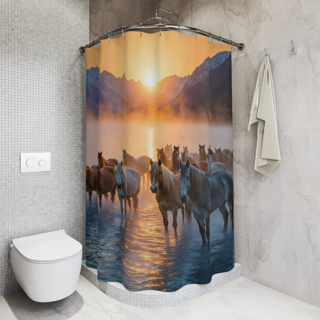 Wild Horses at Sunrise Shower Curtain | Mountain Mist, Lake Scene