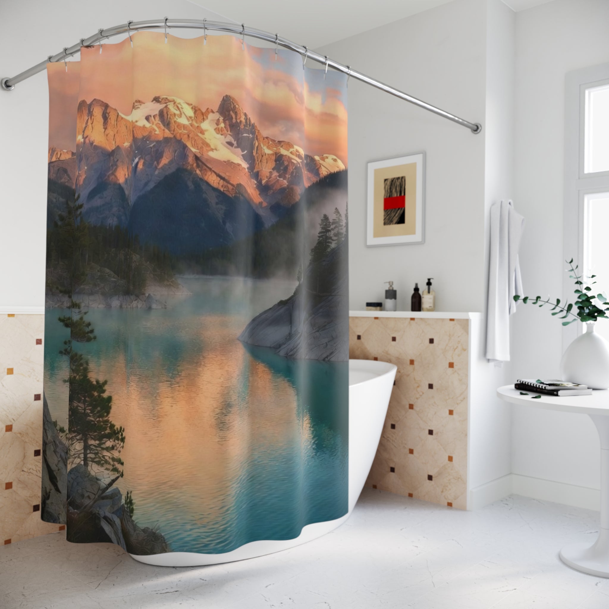 Sunset Mountain Lake Shower Curtain | Scenic Landscape, Forest Reflection