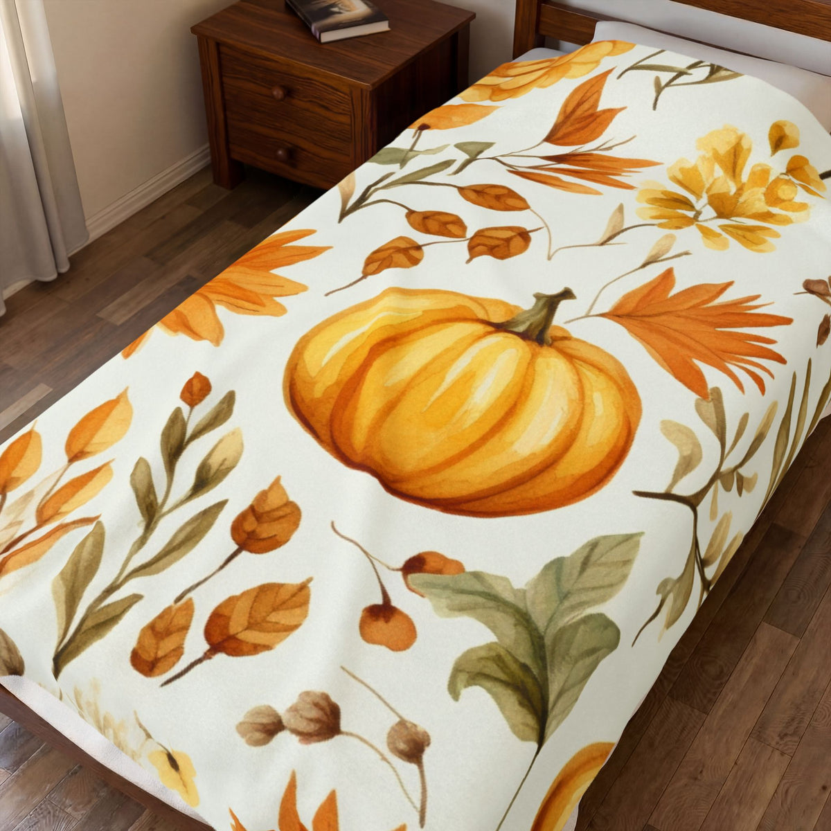 Autumn Pumpkin Floral Velveteen Plush Blanket | Fall Leaves Sunflowers