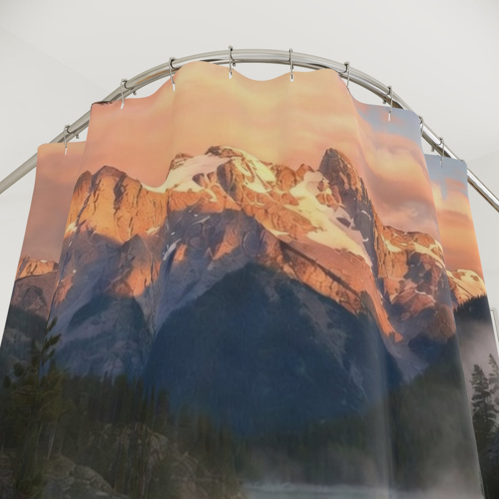 Sunset Mountain Lake Shower Curtain | Scenic Landscape, Forest Reflection